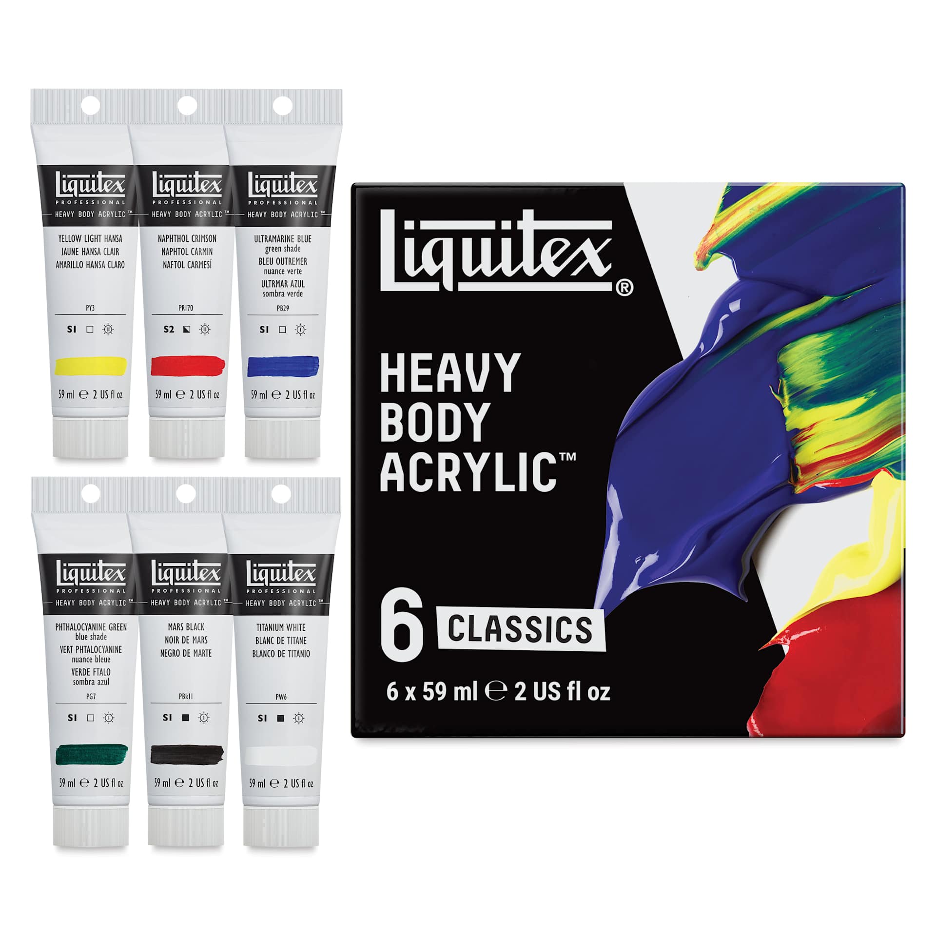 Liquitex Professional Heavy Body Acrylics - Set of 6, Classic Colors, 59 ml, set contents and packaging