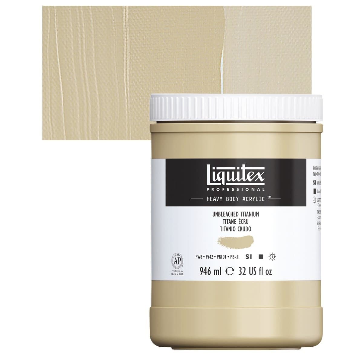 Liquitex Heavy Body Artist Acrylic – Unbleached Titanium, 32 oz jar and swatch