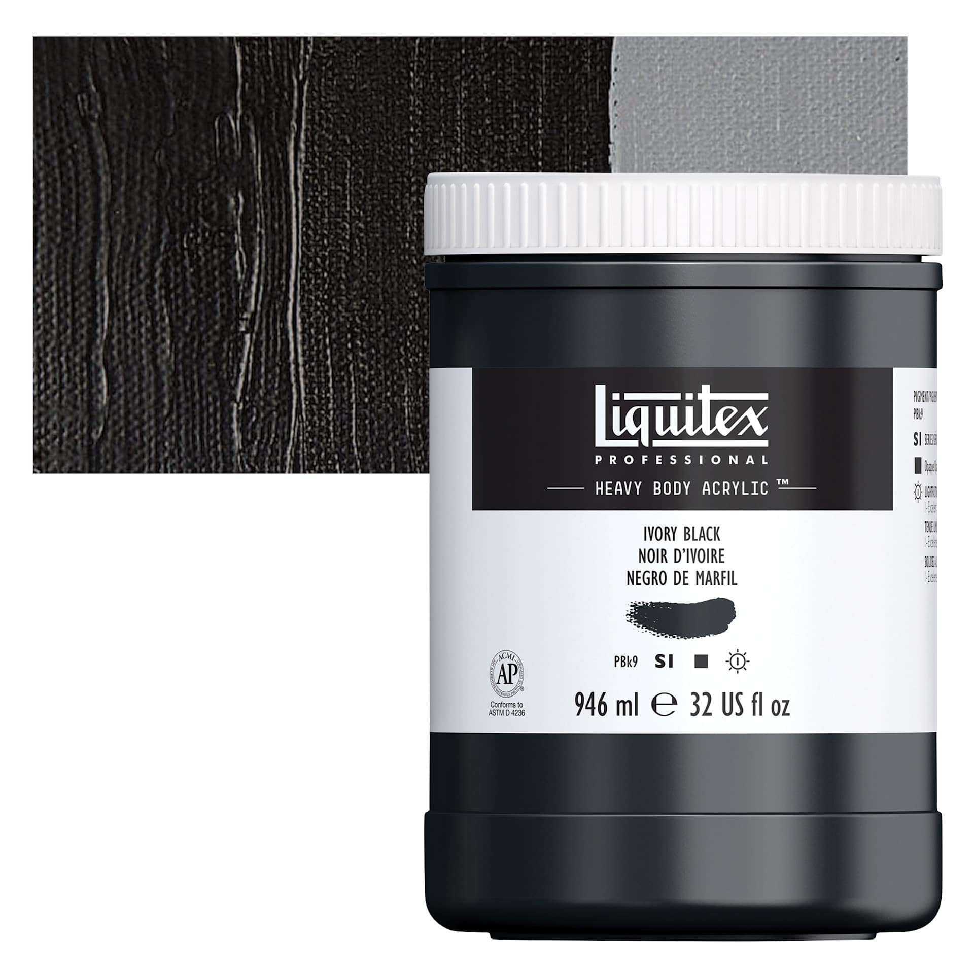 Liquitex Heavy Body Artist Acrylic - Ivory Black, 32 oz Jar and swatch