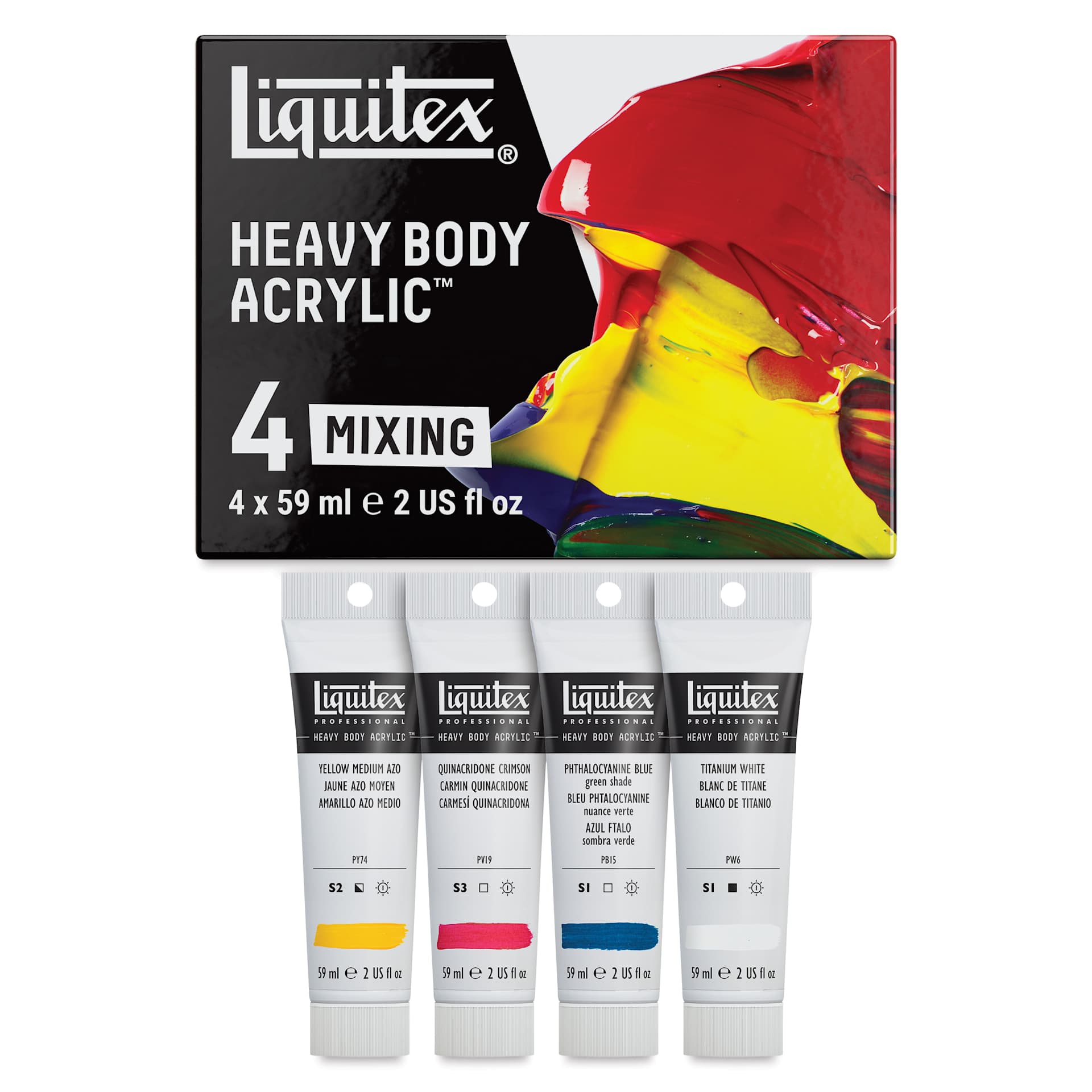 Liquitex Professional Heavy Body Acrylics - Set of 4, Primary Colors, 2 oz, contents and packaging