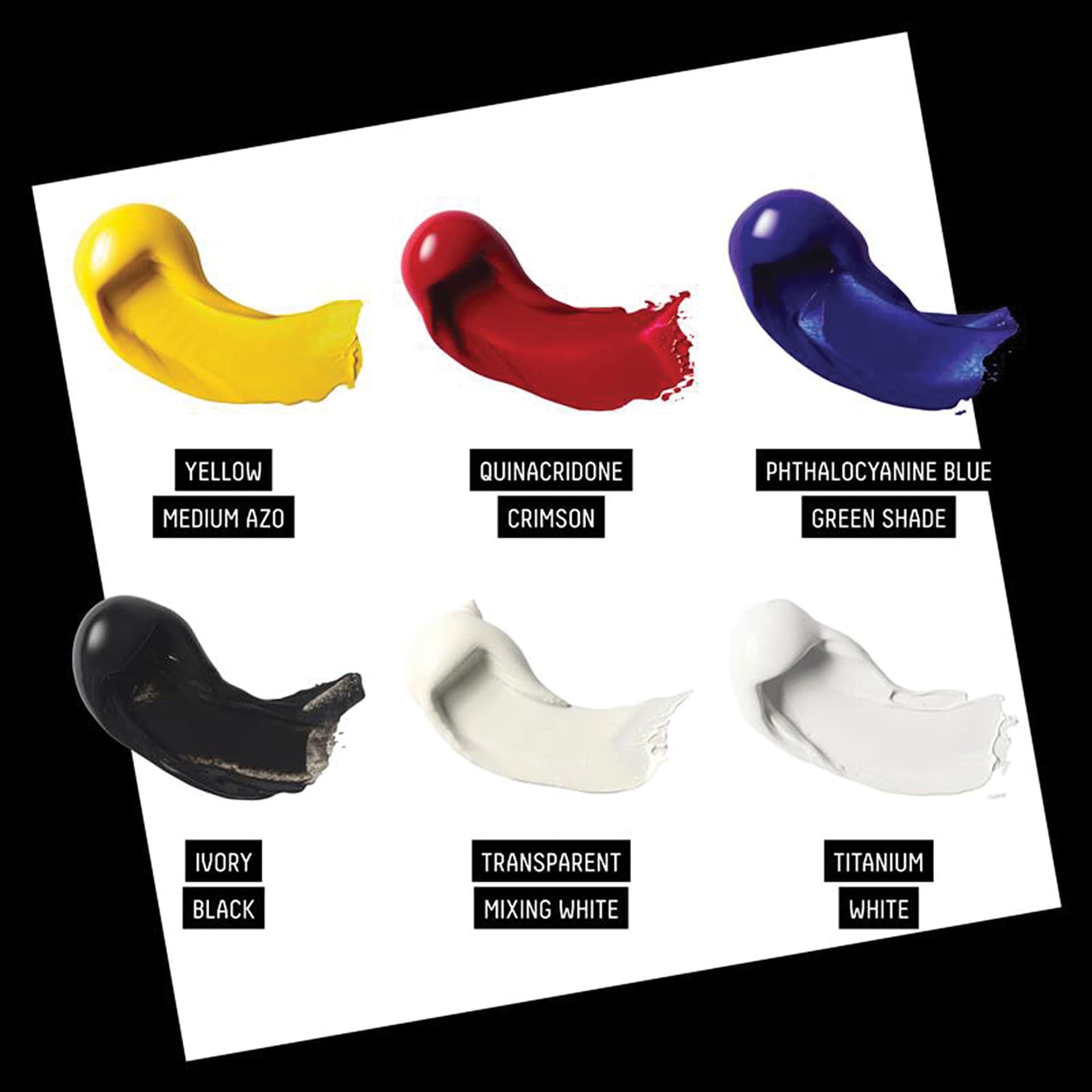 Set content color list. Yellow Medium Azo, Quinacridone Crison, Phthalocyanine Blue Green Shade, Ivory Black, Transparent Mixing White, Titanium White.