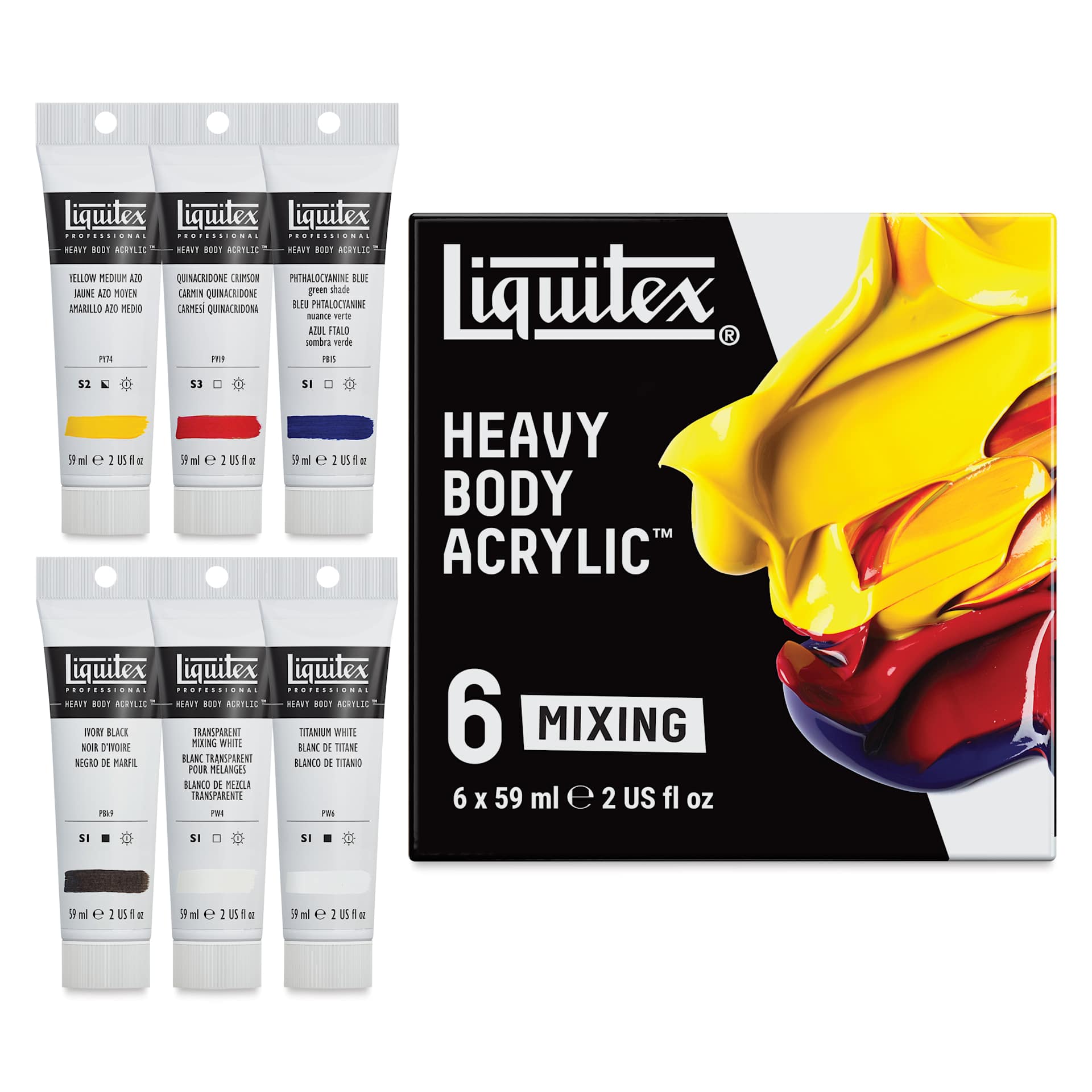 Liquitex Professional Heavy Body Acrylics - Set of 6, Mixing Colors, 59 ml, set contents and packaging