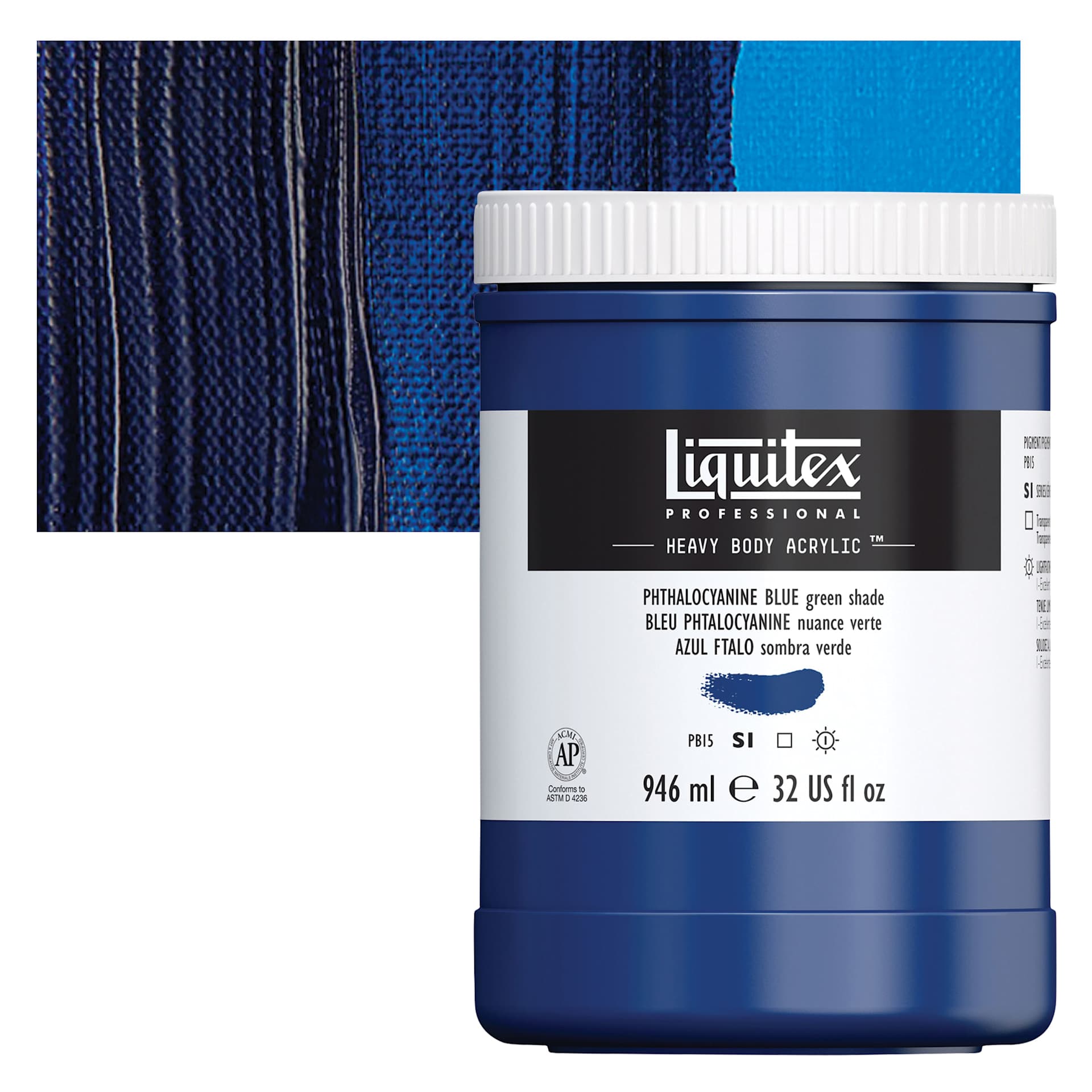 Liquitex Heavy Body Artist Acrylic - Phthalo Blue (Green Shade), 32 oz Jar and swatch