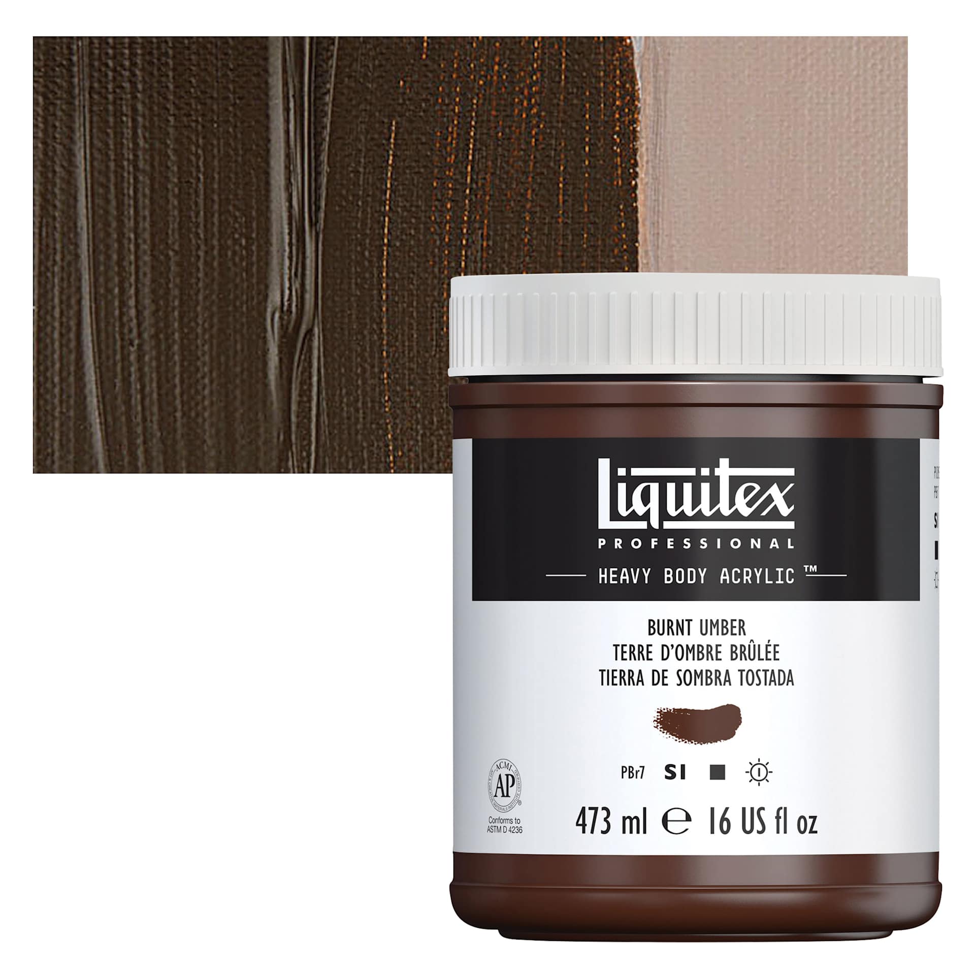 Liquitex Heavy Body Artist Acrylic - Burnt Umber, 16 oz Jar and swatch