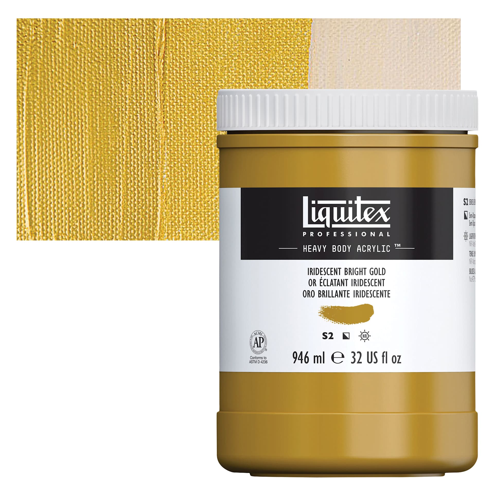 Liquitex Heavy Body Artist Acrylic - Iridescent Bright Gold, 32 oz Jar and swatch