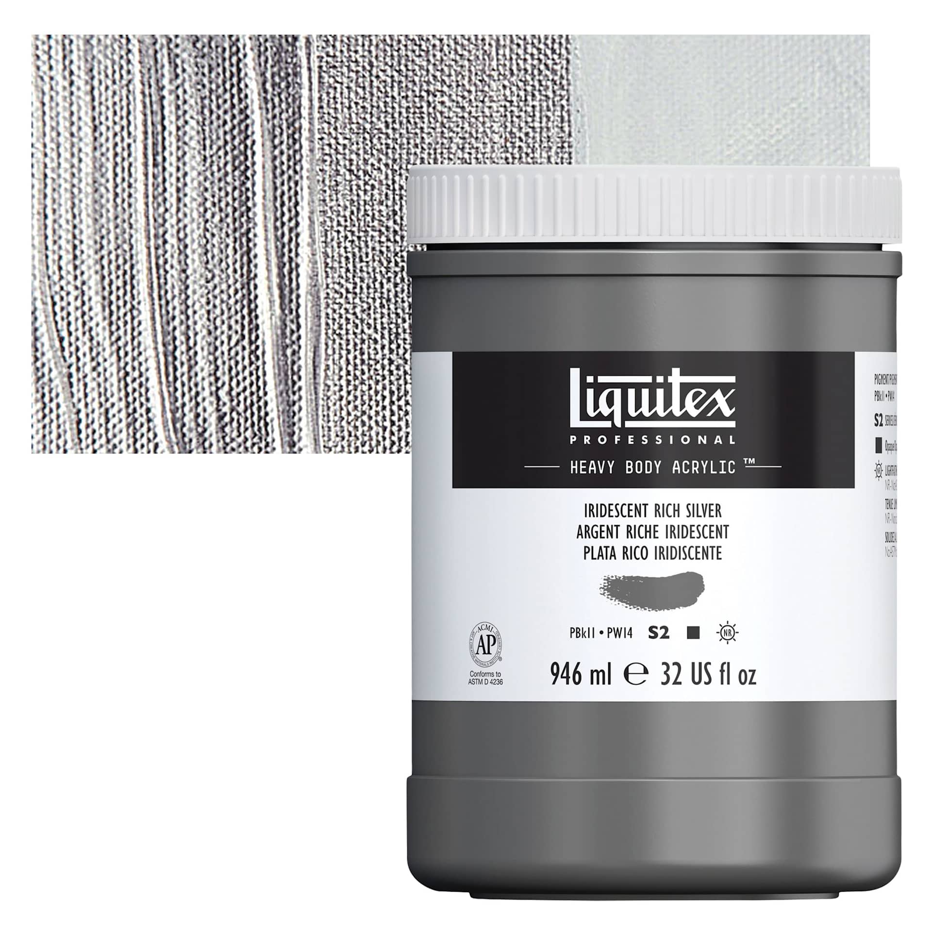 Liquitex Heavy Body Artist Acrylic - Iridescent Rich Silver, 32 oz Jar and swatch