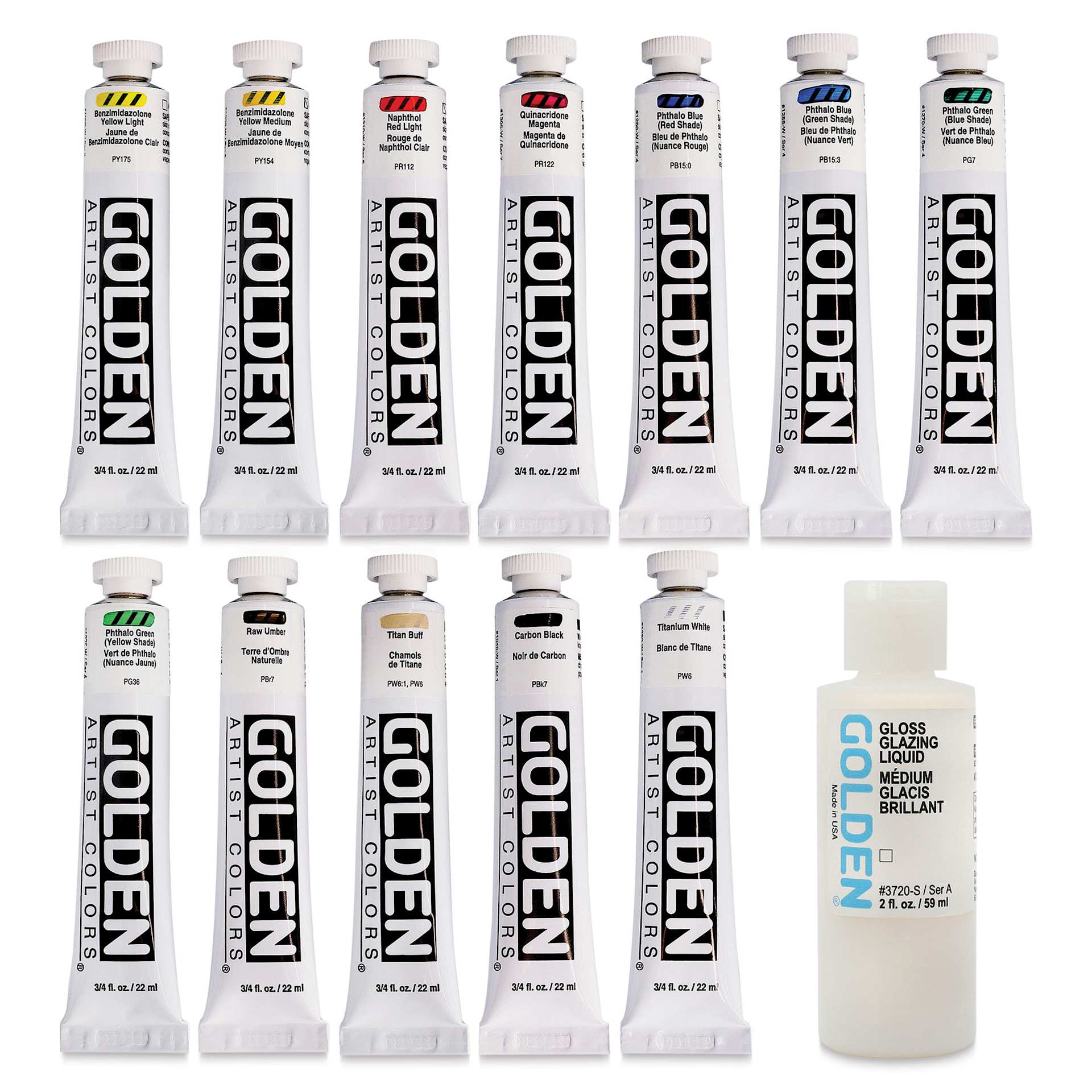Golden Heavy Body Artist Acrylic Set - Mixing Set of 12 with Gloss Glazing Liquid, 22 ml Tubes (out of packaging)