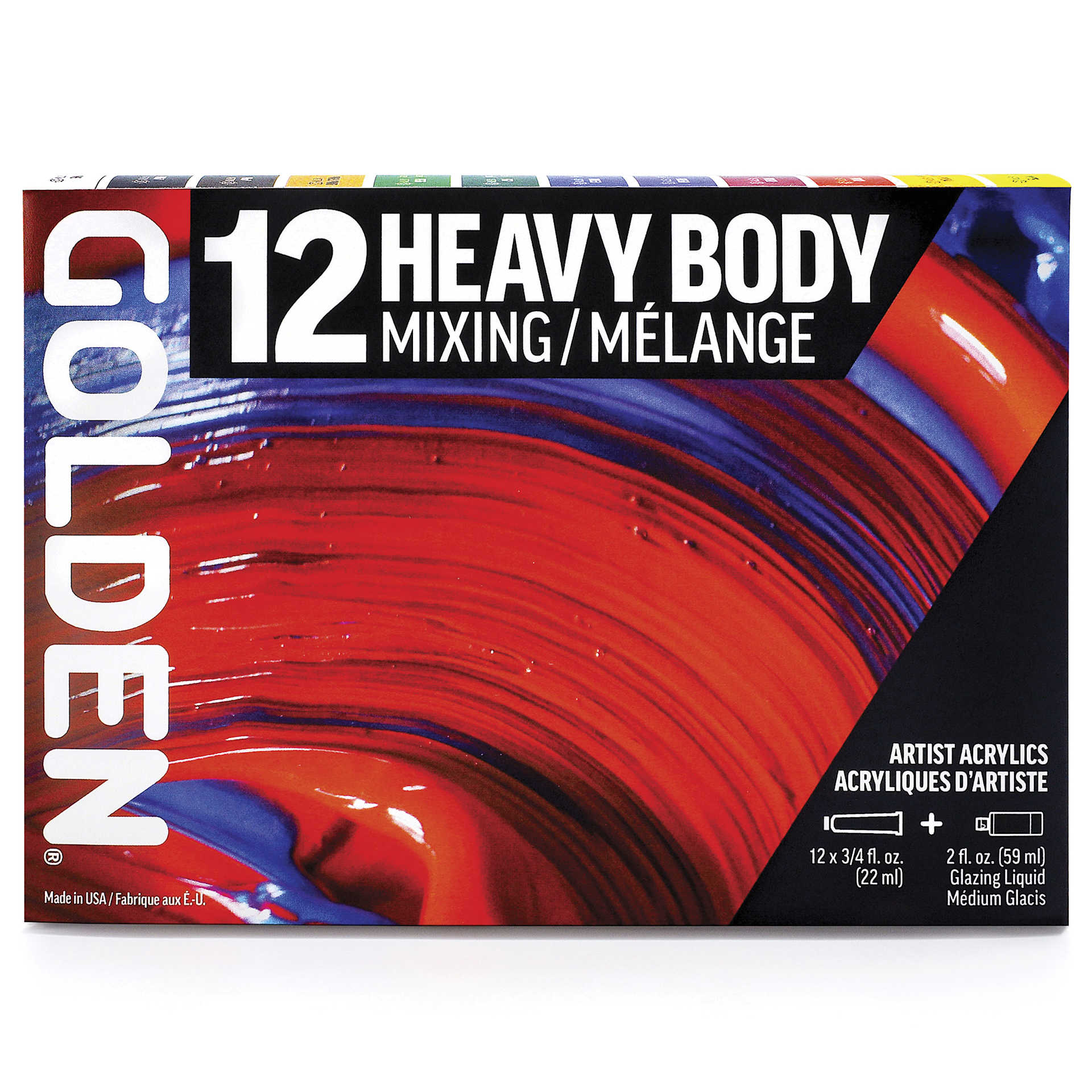 Golden Heavy Body Artist Acrylic Set - Mixing Set of 12 with Gloss Glazing Liquid, 22 ml Tubes, packaging