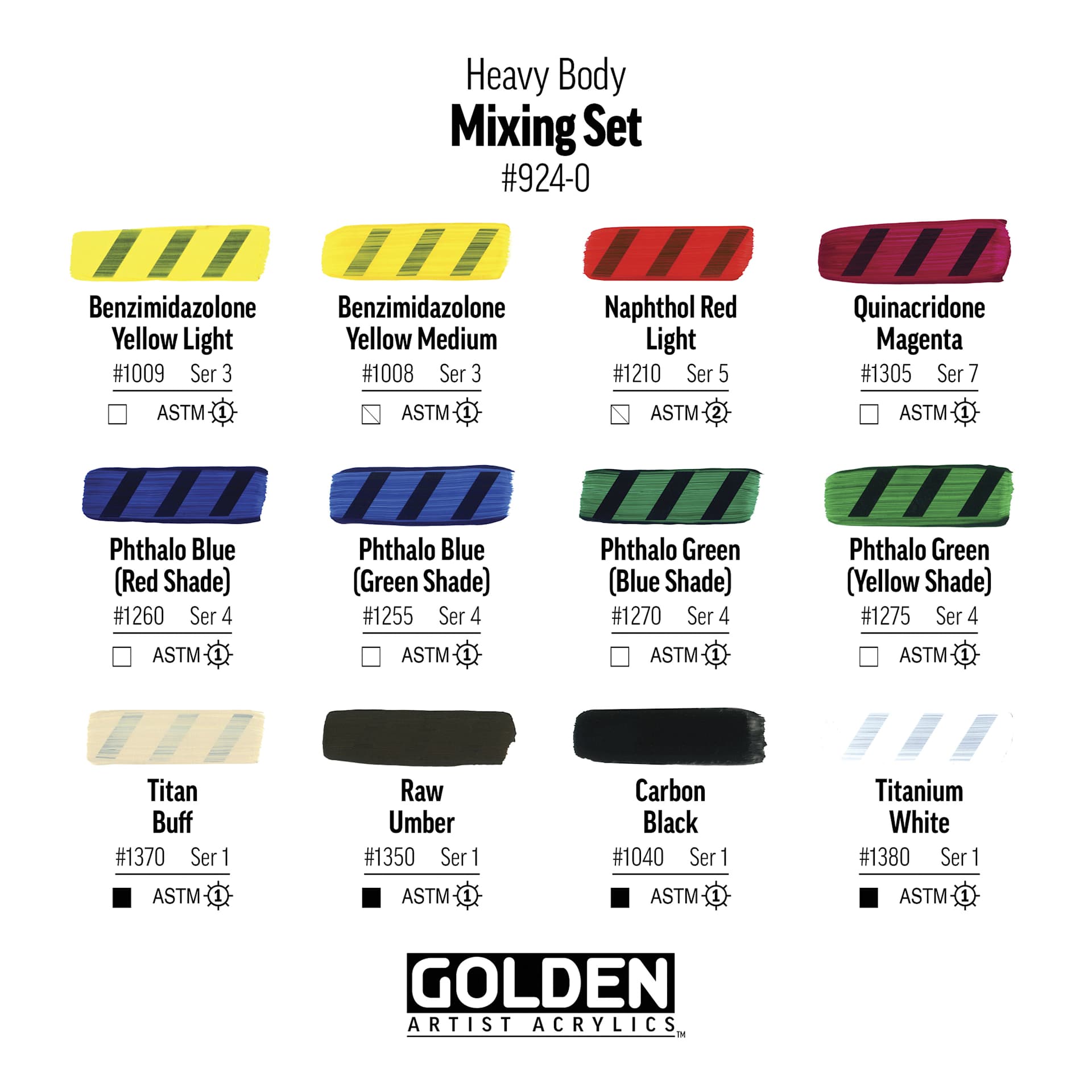 Golden Heavy Body Artist Acrylic Set - Mixing Set of 12 with Gloss Glazing Liquid, 22 ml Tubes, swatches