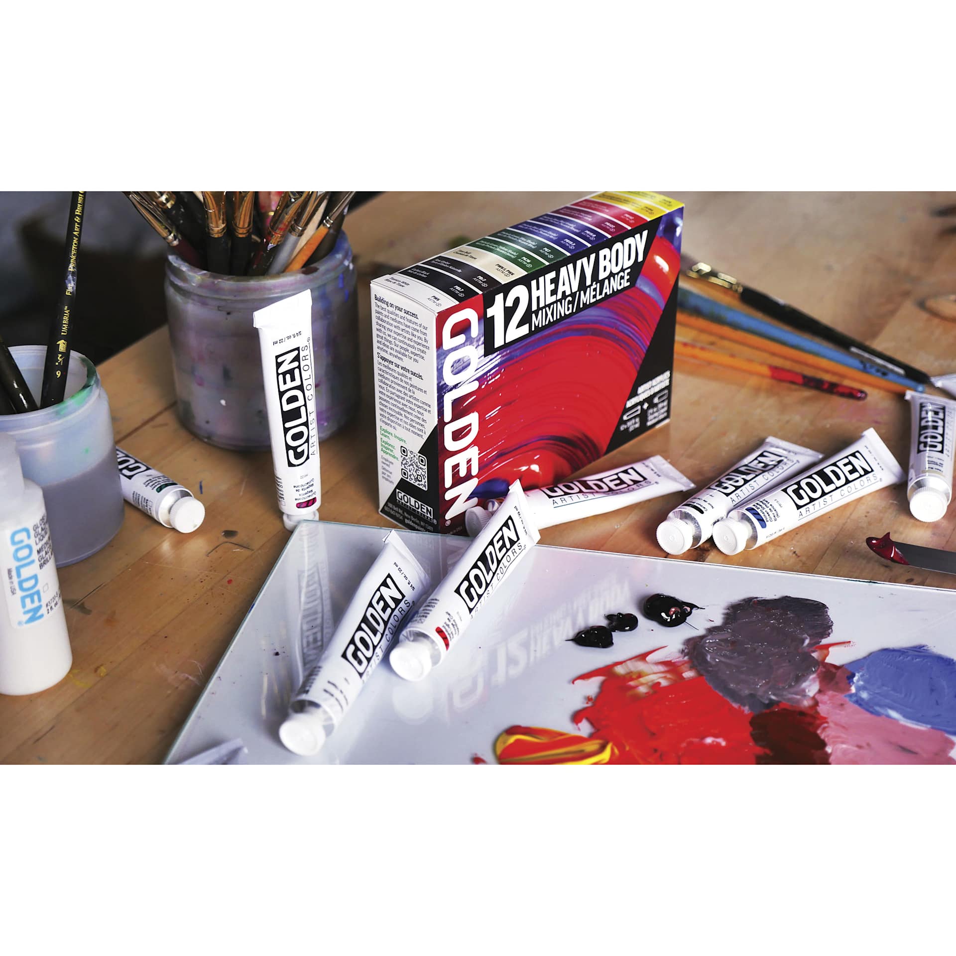 Golden Heavy Body Artist Acrylic Set - Mixing Set of 12 with Gloss Glazing Liquid, 22 ml Tubes, on desk