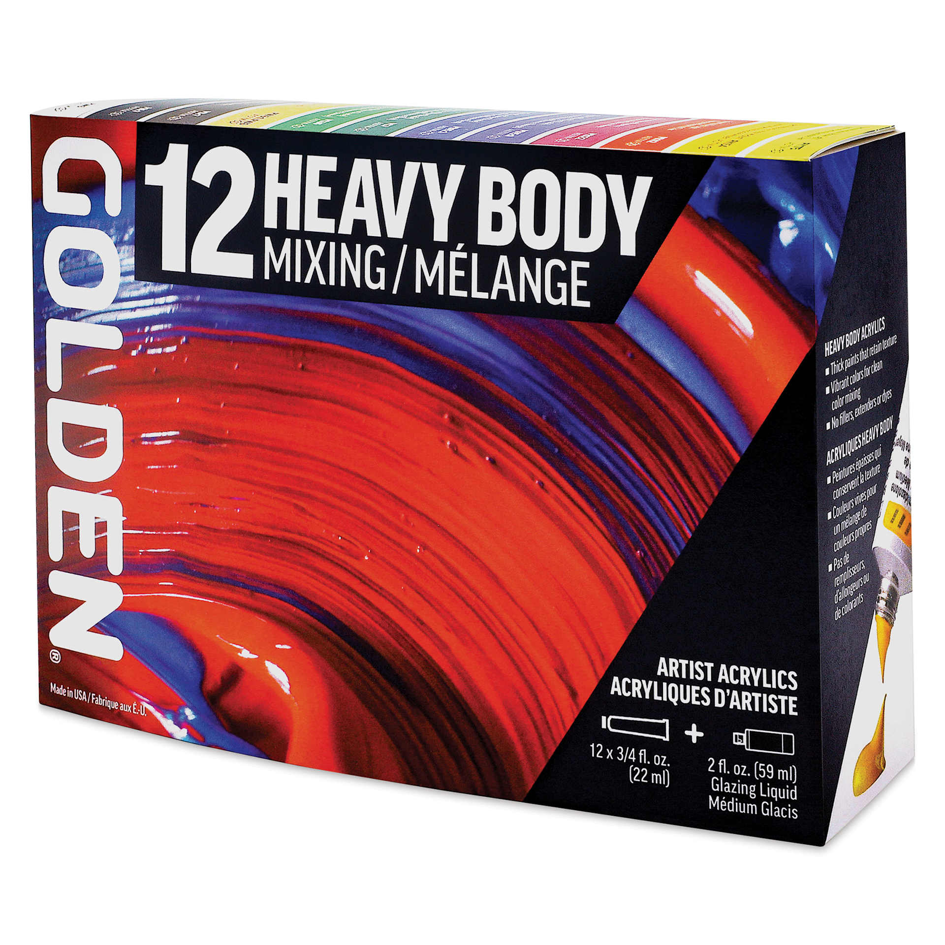 Golden Heavy Body Artist Acrylic Set - Mixing Set of 12 with Gloss Glazing Liquid, 22 ml Tubes (front of packaging)
