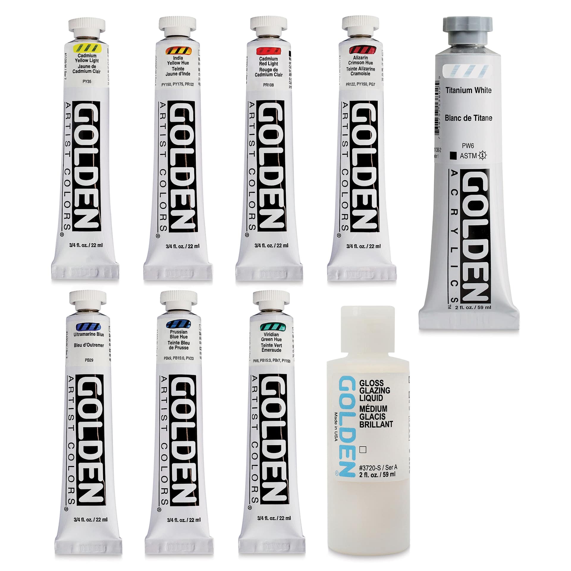 Golden Heavy Body Artist Acrylic Set - Traditional Set of 7 with 59 ml White and Gloss Glazing Liquid, 22 ml Tubes (out of packaging)