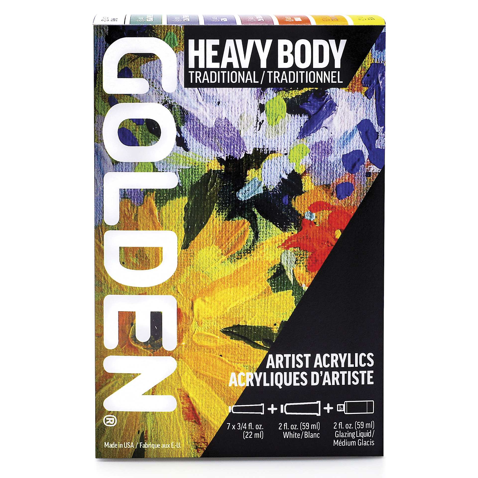 Golden Heavy Body Artist Acrylic Set - Traditional Set of 7 with 59 ml White and Gloss Glazing Liquid, 22 ml Tubes, front of packaging