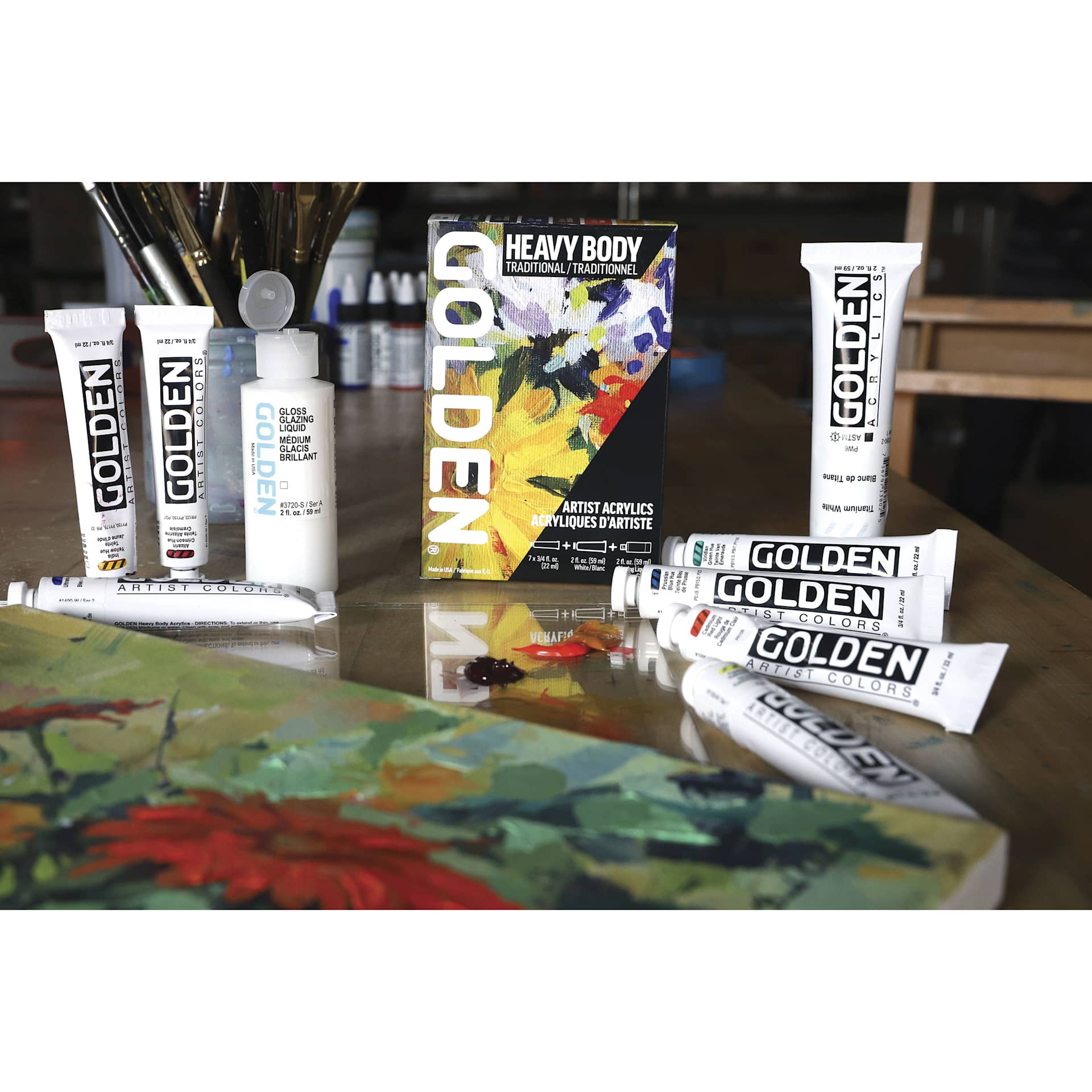 Golden Heavy Body Artist Acrylic Set - Traditional Set of 7 tubes and box on table