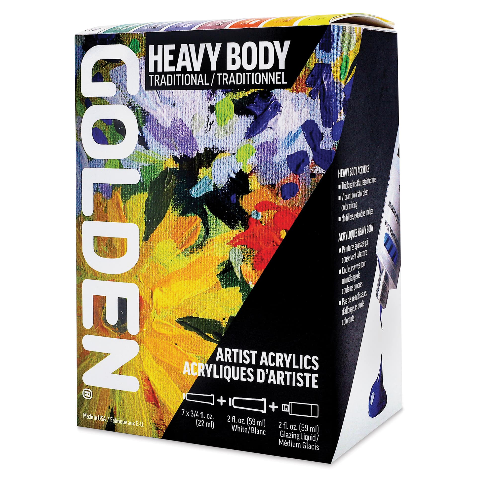 Golden Heavy Body Artist Acrylic Set - Traditional Set of 7 with 59 ml White and Gloss Glazing Liquid, 22 ml Tubes (front of packaging)