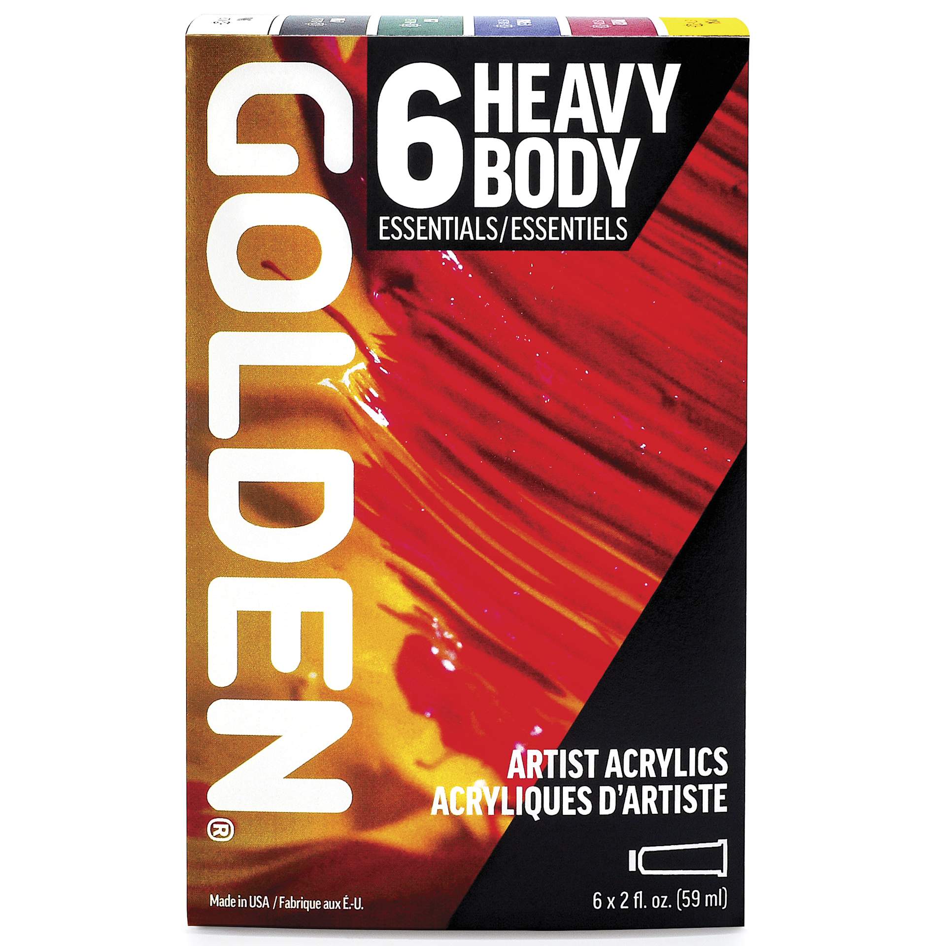Golden Heavy Body Artist Acrylic Set - Essentials Set of 6, Assorted Colors, 59 ml Tubes, packaging