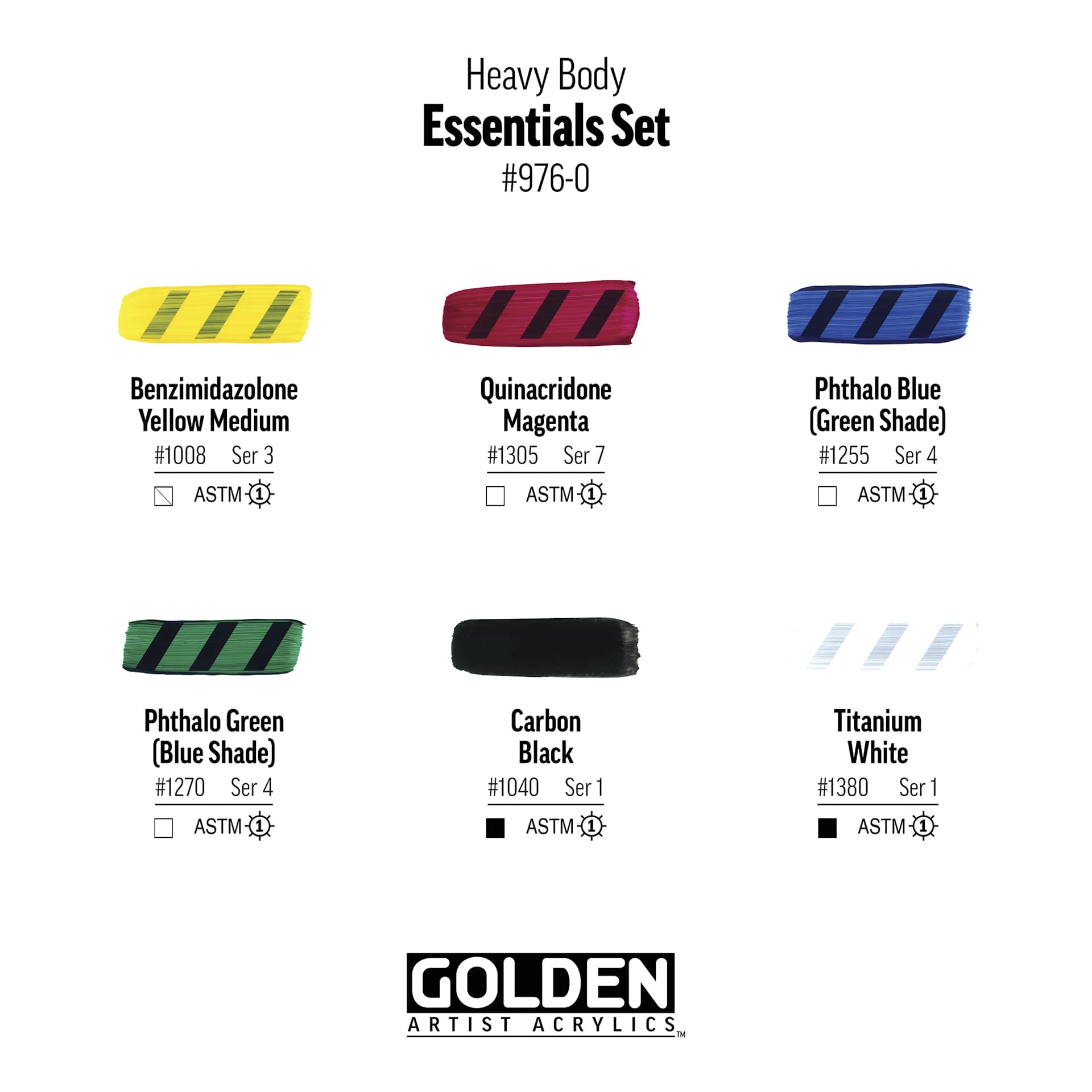 Golden Heavy Body Artist Acrylic Set - Essentials Set of 6, Assorted Colors, 59 ml Tubes, swatches