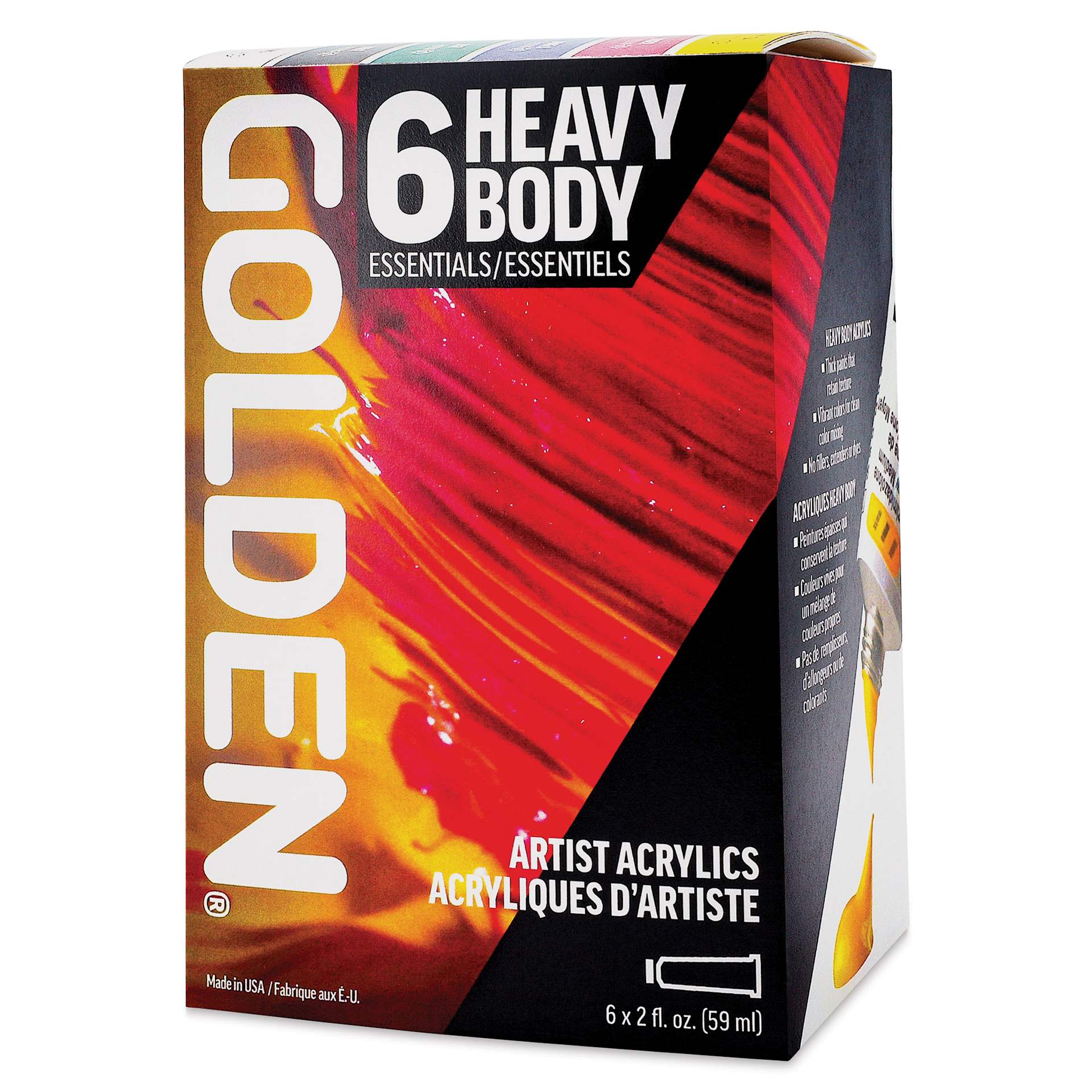 Golden Heavy Body Artist Acrylic Set - Essentials Set of 6, Assorted Colors, 59 ml Tubes front of packaging