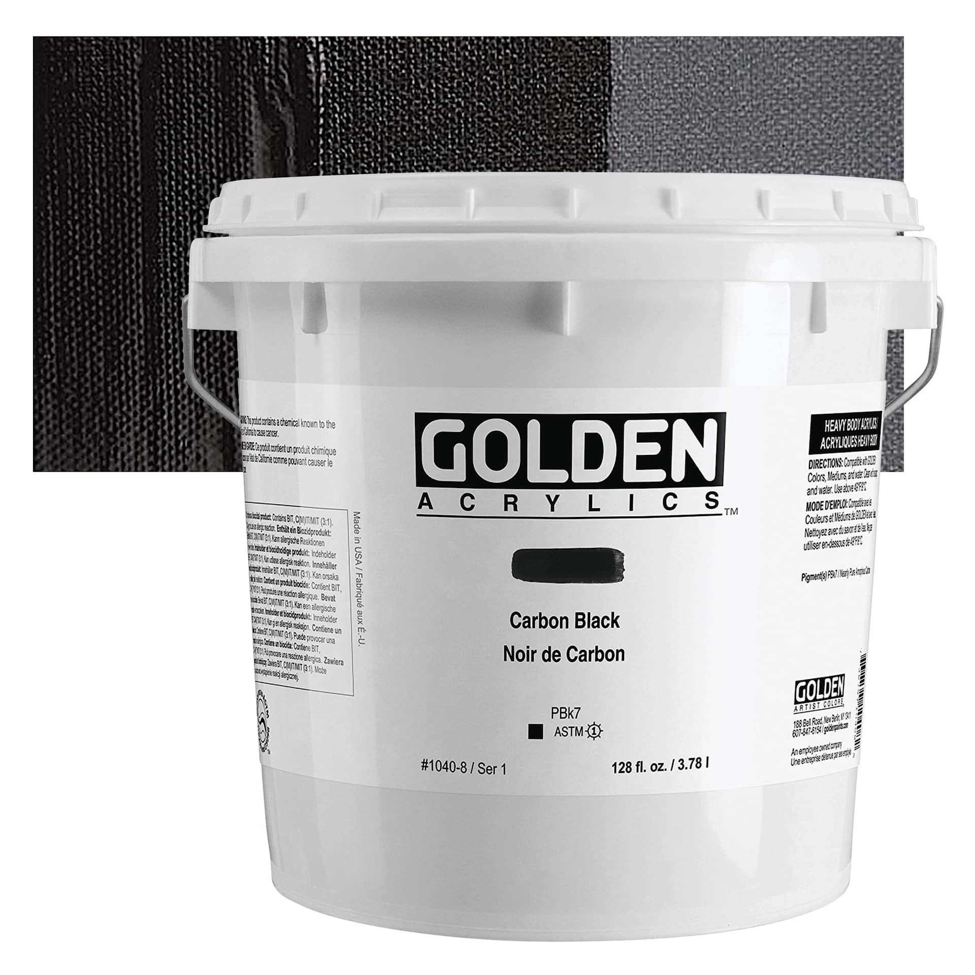 Golden Heavy Body Artist Acrylic - Carbon Black, 128 oz Jar and swatch