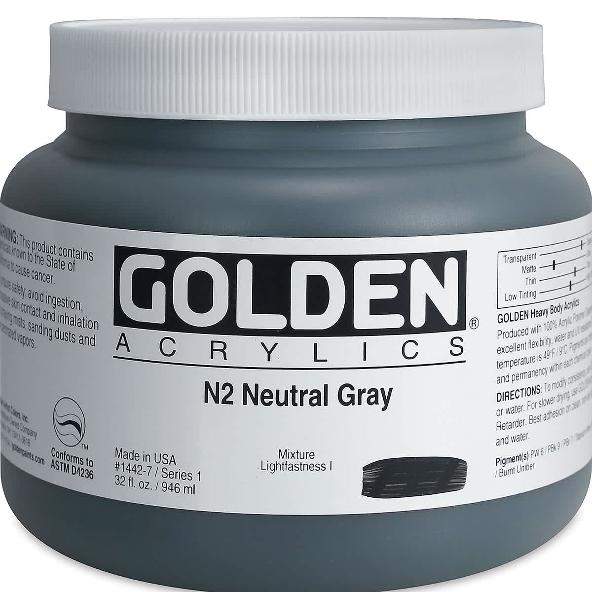 Golden Heavy Body Artist Acrylics - Neutral Gray N2, 32 oz Jar