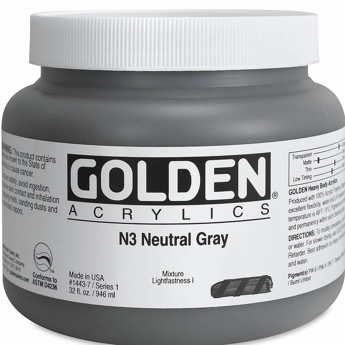 Golden Heavy Body Artist Acrylics - Neutral Gray N3, 32 oz Jar