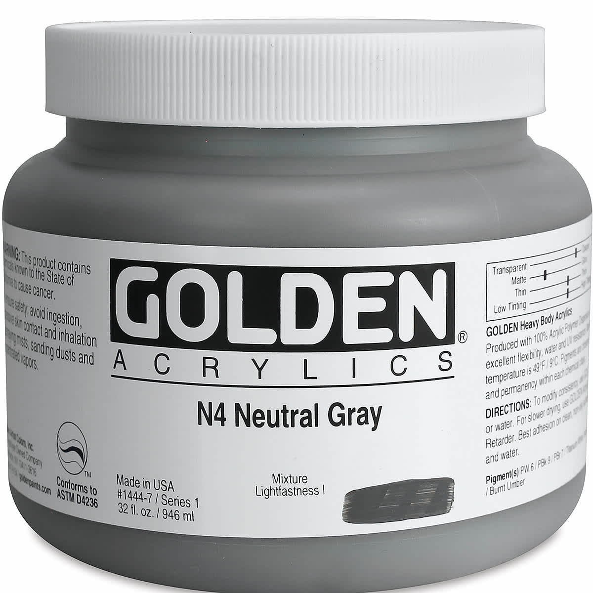 Golden Heavy Body Artist Acrylics - Neutral Gray N4, 32 oz Jar