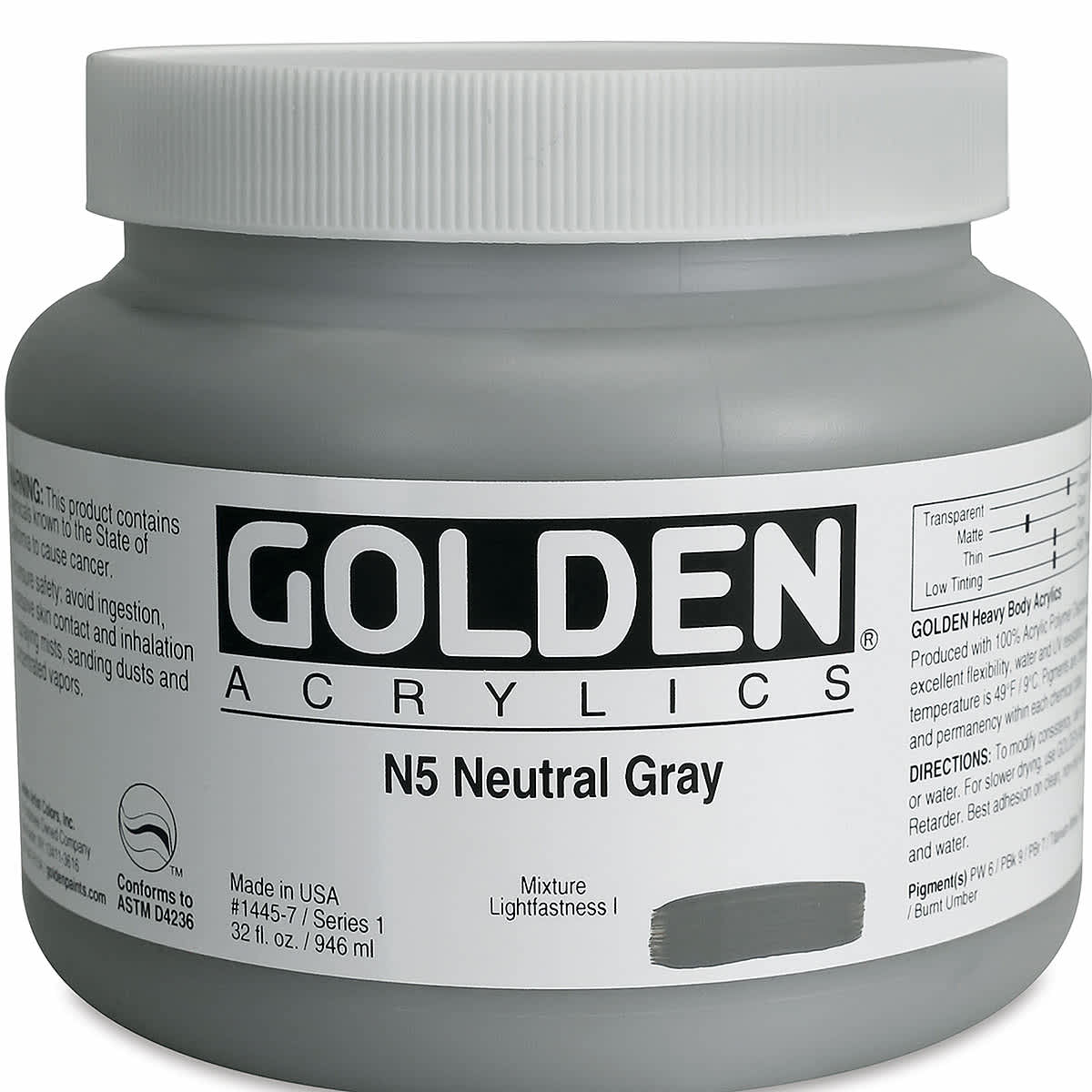 Golden Heavy Body Artist Acrylics - Neutral Gray N5, 32 oz Jar