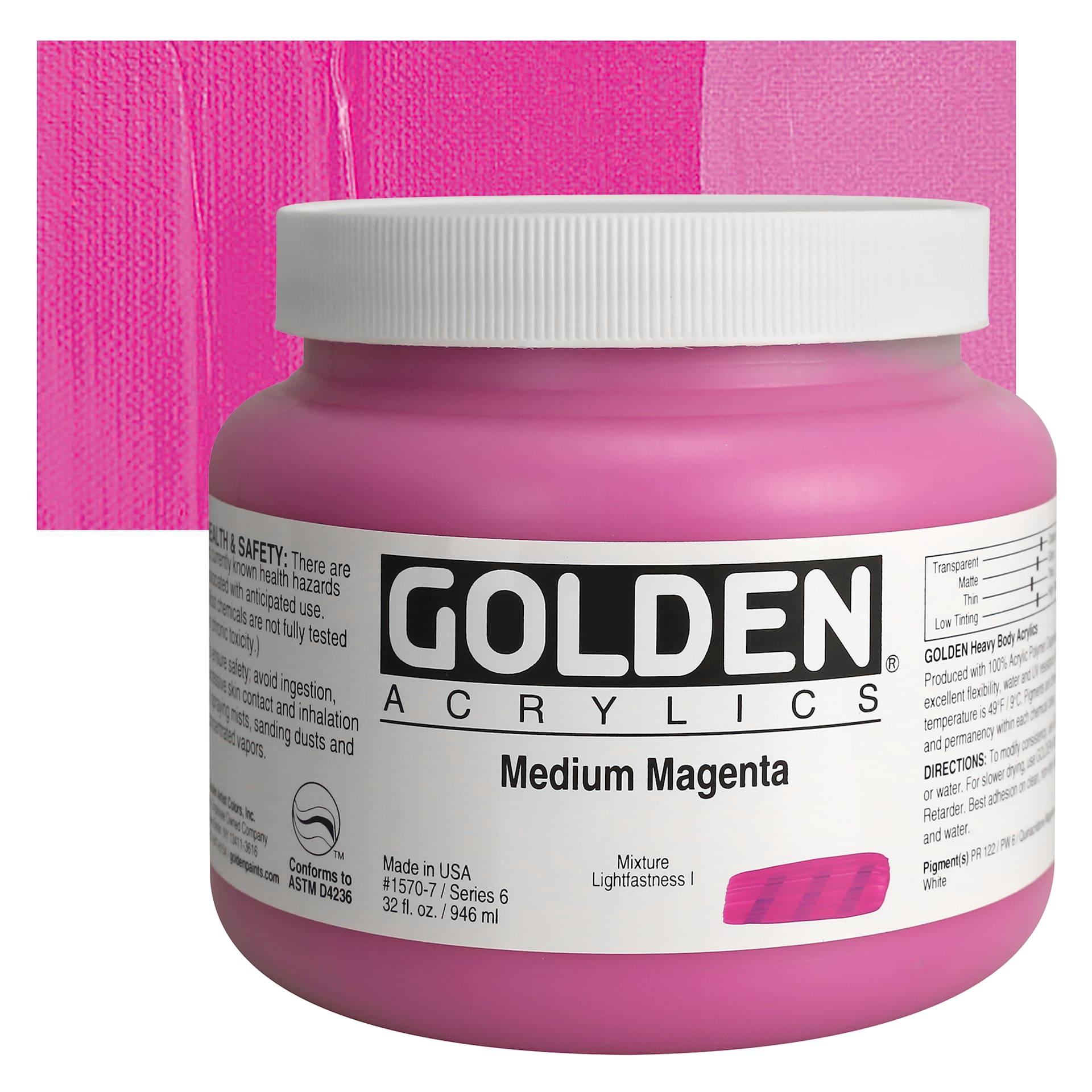 Golden Heavy Body Artist Acrylic - Medium Magenta, 32 oz jar and swatch