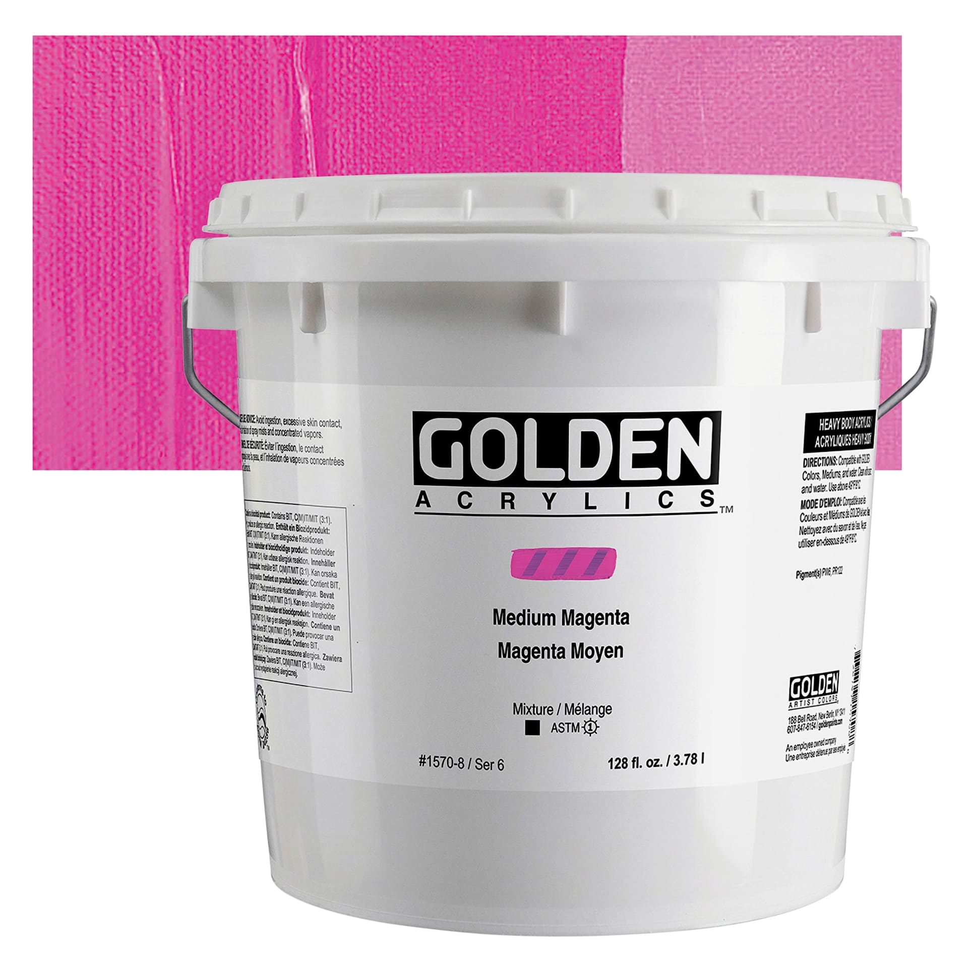 Golden Heavy Body Artist Acrylic Paint - Medium Magenta, 128 oz Bucket and swatch