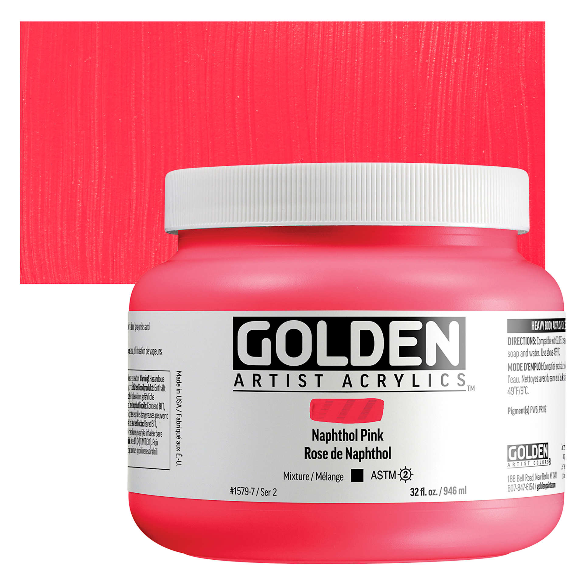 Golden Heavy Body Acrylic Paint - Naphthol Pink, 946 ml Jar and swatch