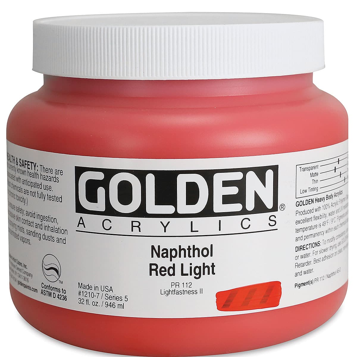 Golden Heavy Body Artist Acrylics - Naphthol Red Light, 32 oz Jar