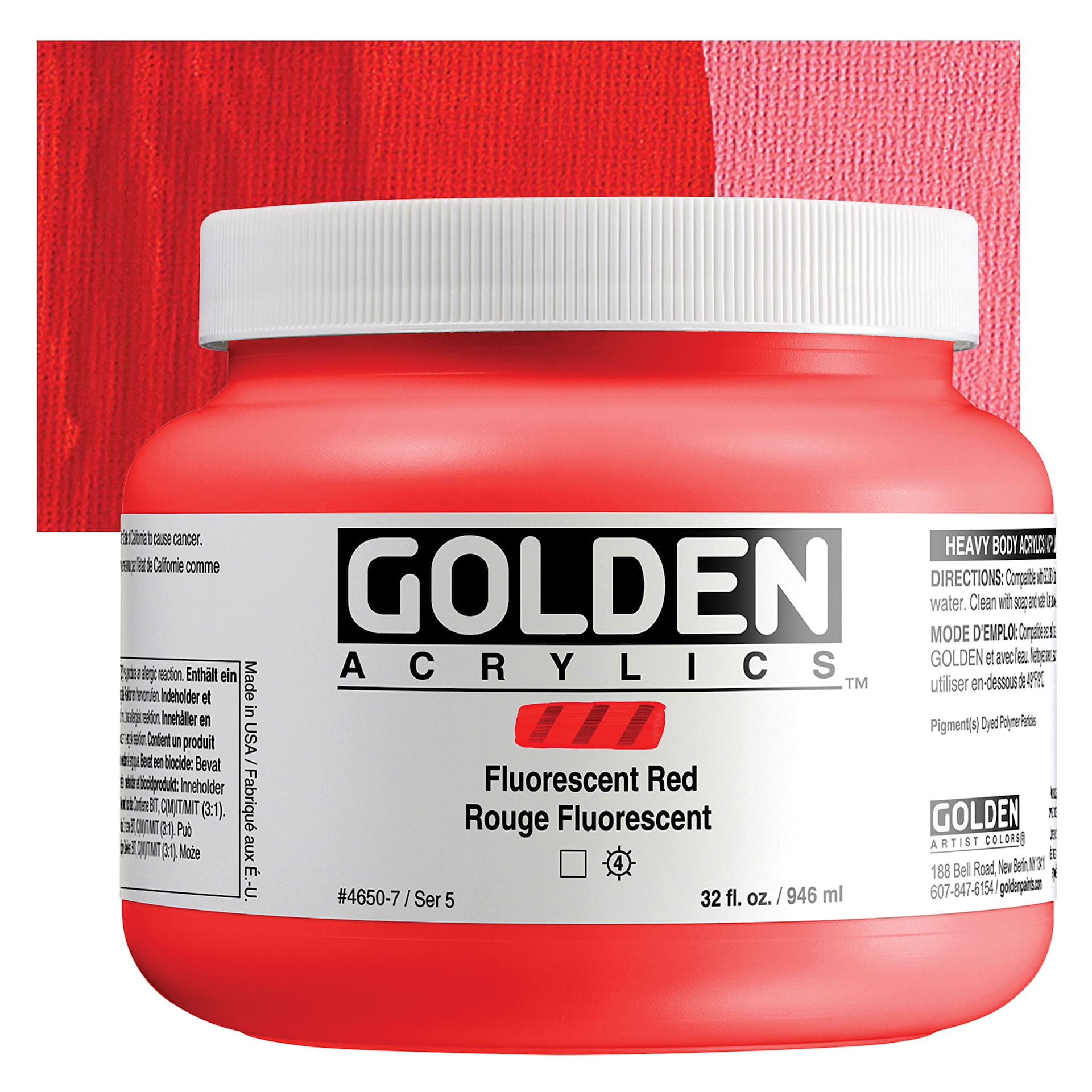 Golden Heavy Body Artist Acrylics - Fluorescent Red, 32 oz Jar and Swatch