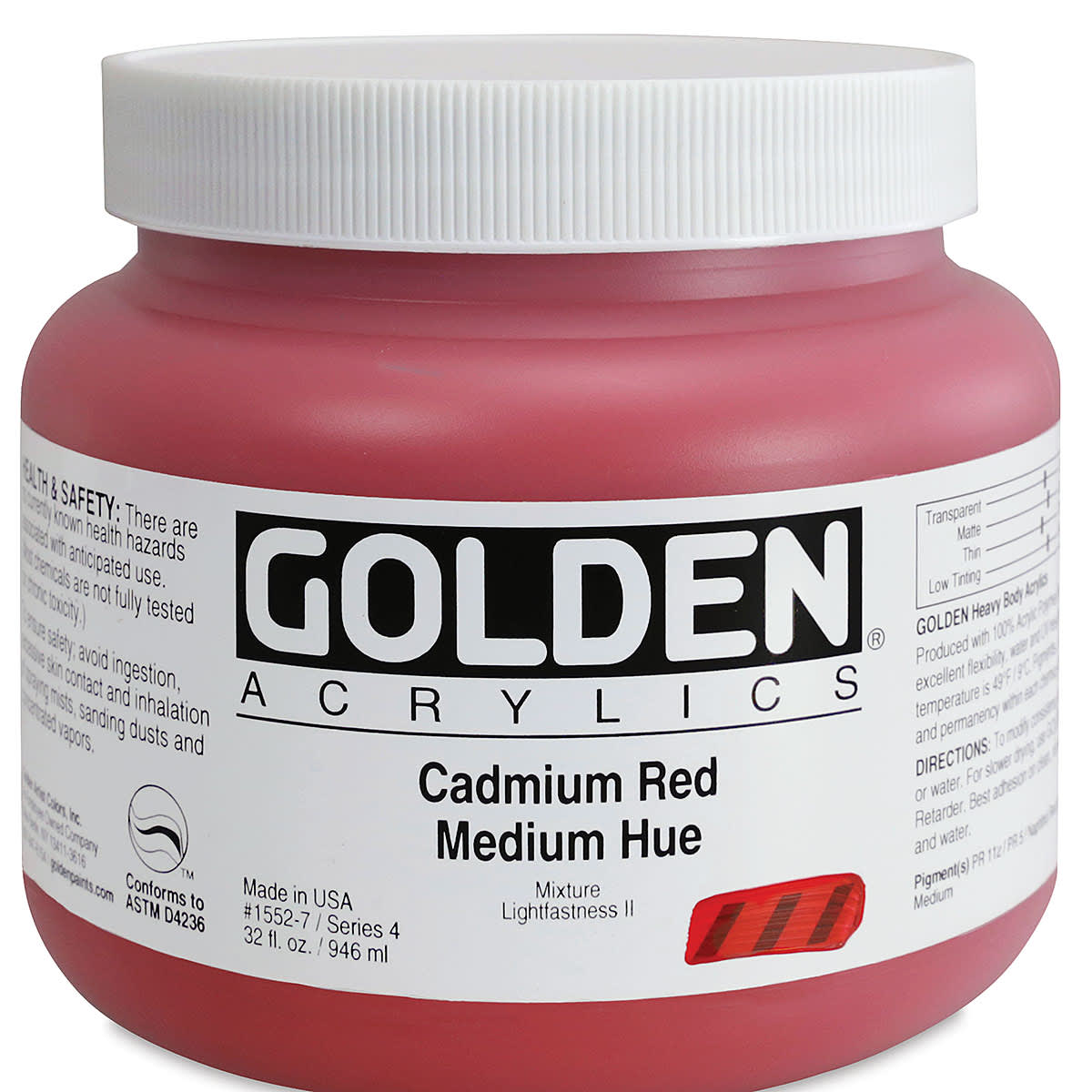 Golden Heavy Body Artist Acrylics - Cadmium Red Medium Hue, 32 oz Jar