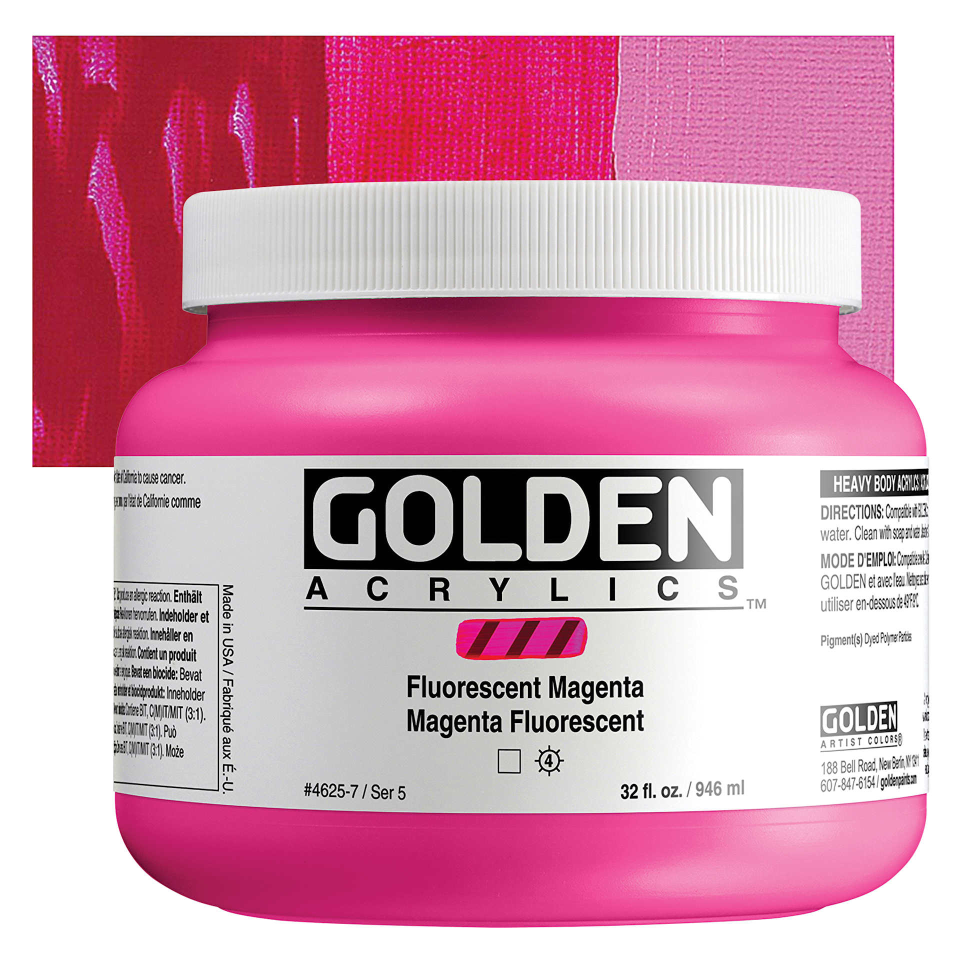 Golden Heavy Body Artist Acrylics - Fluorescent Magenta, 32 oz Jar and Swatch