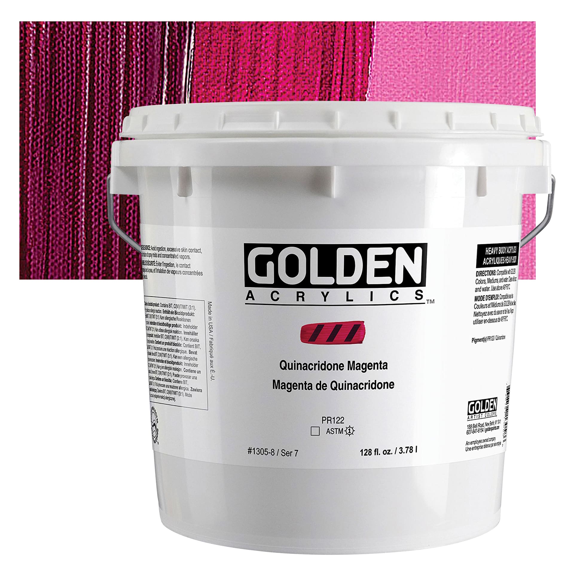 Golden Heavy Body Acrylic Paint - Quinacridone Magenta, 128 oz Jar and swatch