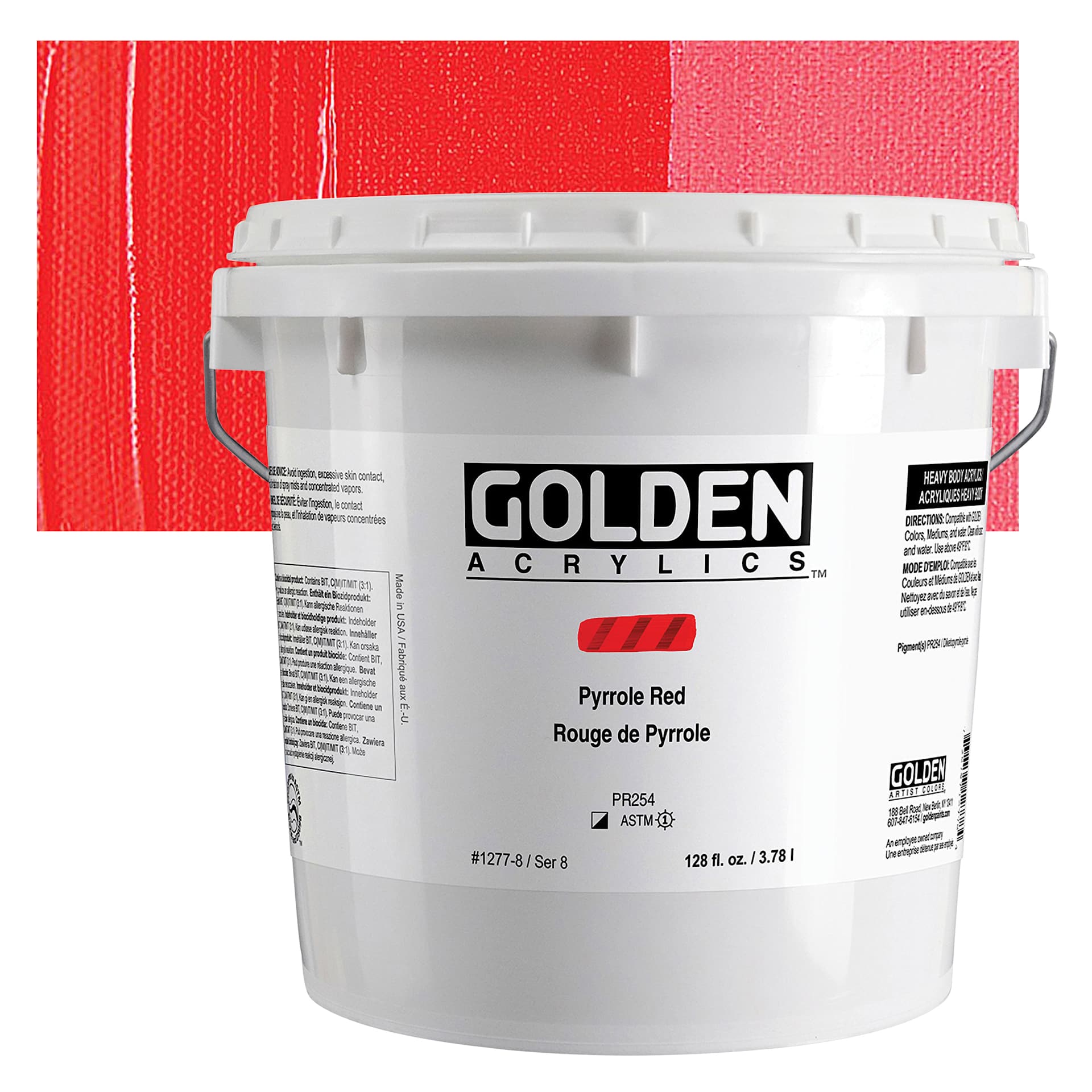 Golden Heavy Body Acrylic Paint - Pyrrole Red, 128 oz Jar and swatch