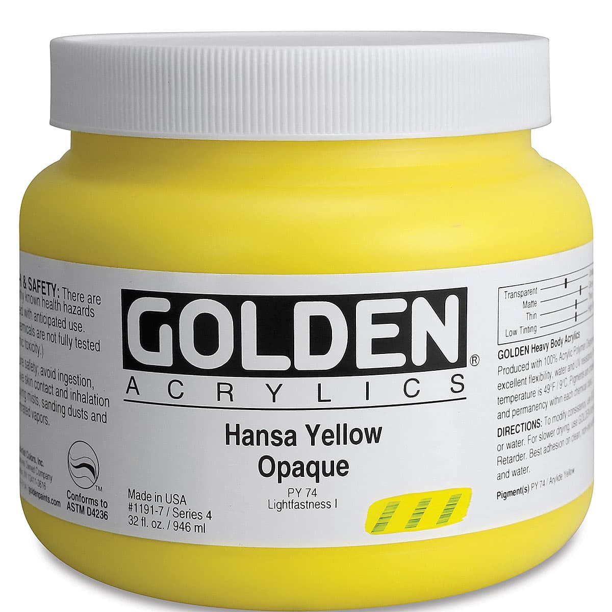 Golden Heavy Body Artist Acrylics - Hansa Yellow Opaque, 32 oz Jar