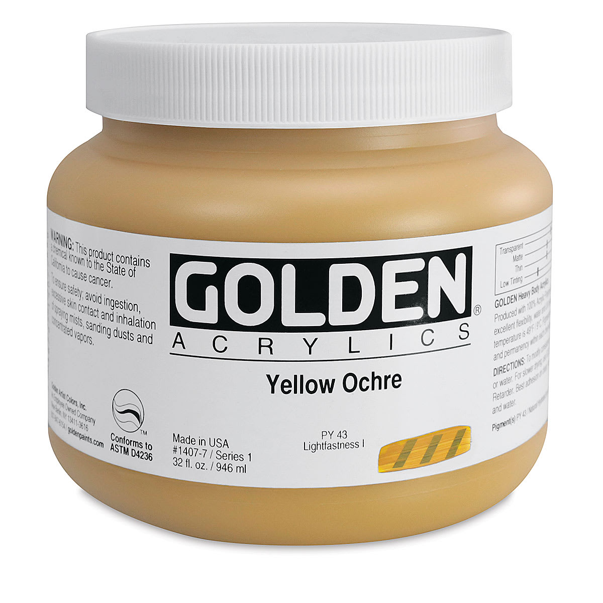 Golden Heavy Body Artist Acrylics - Yellow Ochre, 32 oz Jar