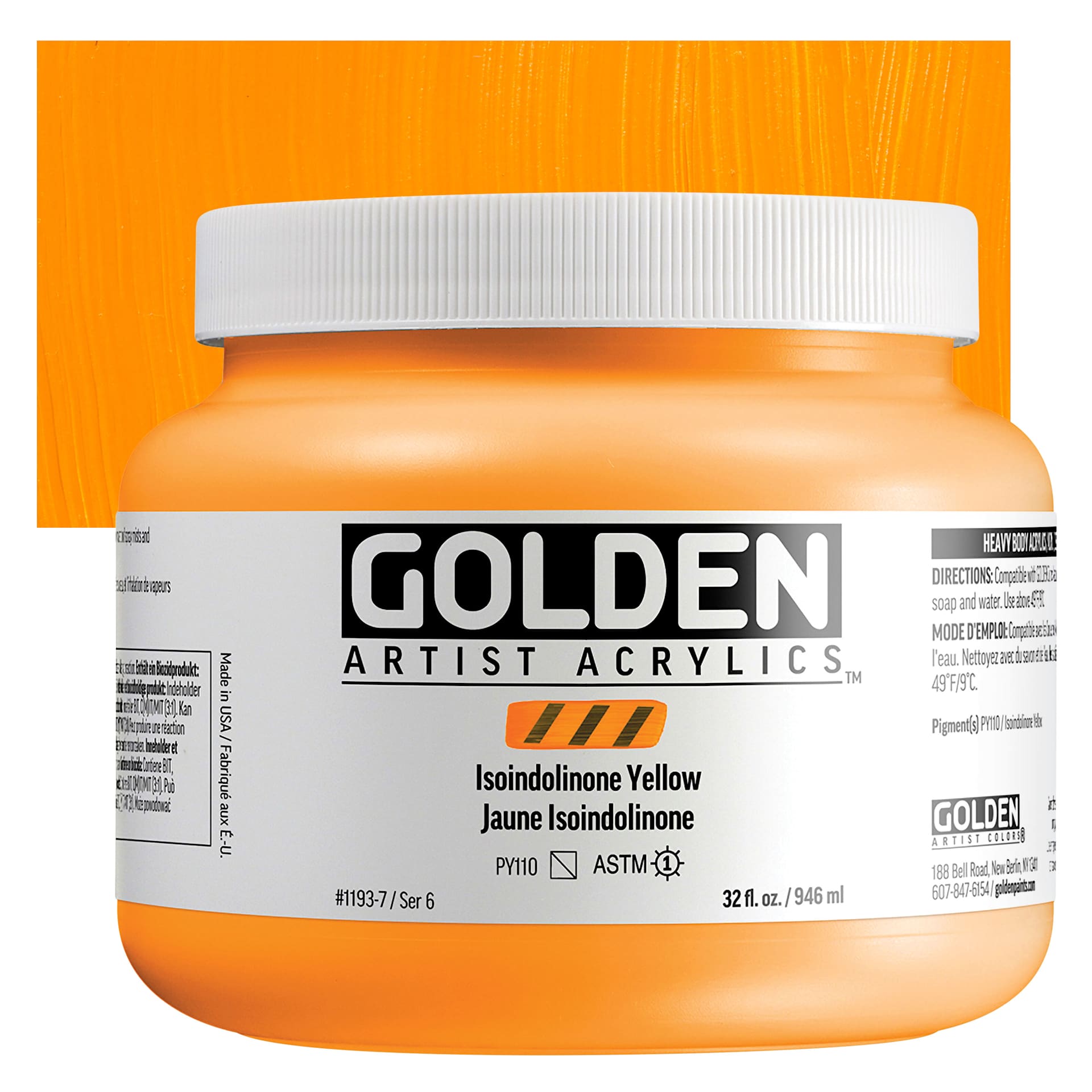 Golden Heavy Body Acrylic Paint - Isoindolinone Yellow, 946 ml Jar and swatch