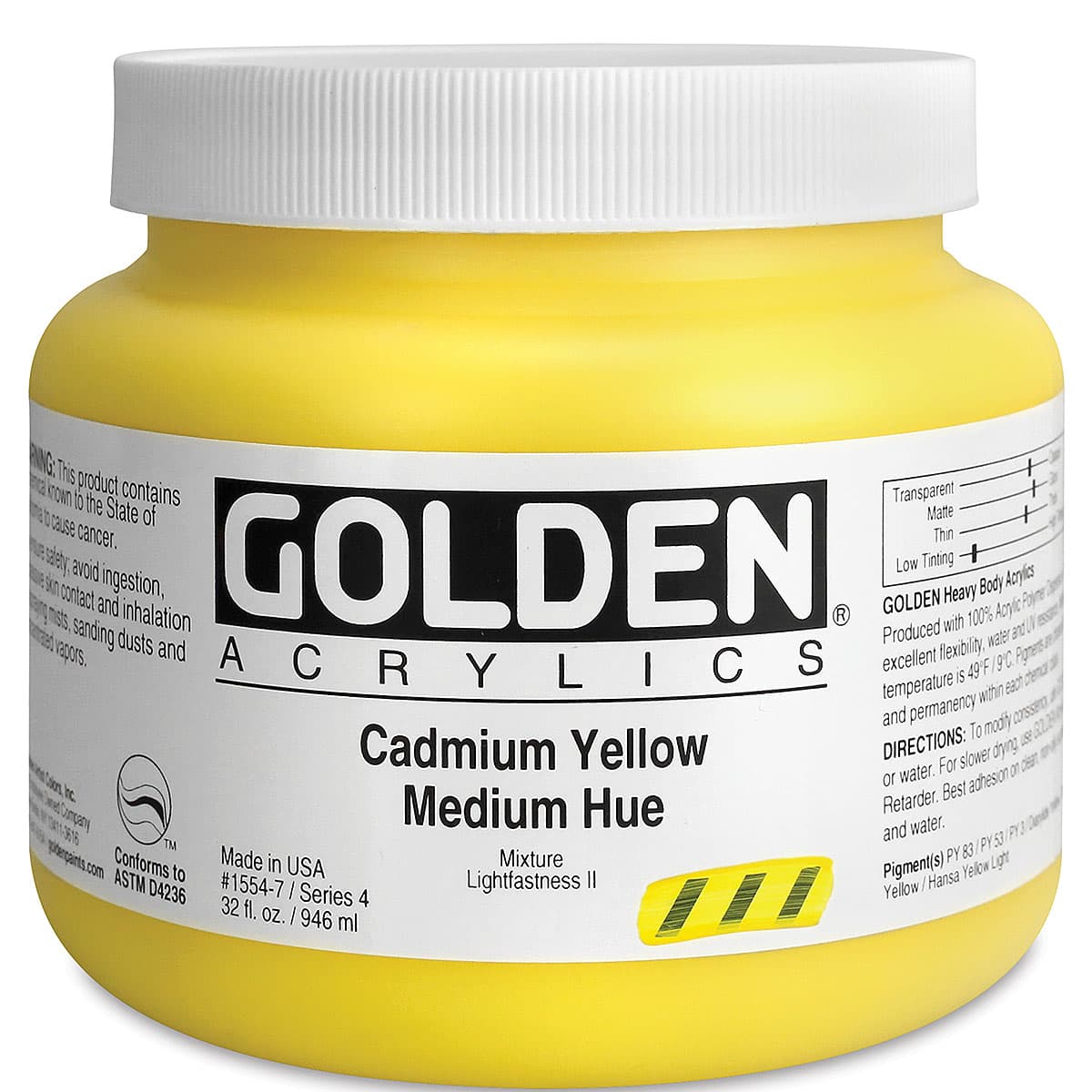 Golden Heavy Body Artist Acrylics - Cadmium Yellow Medium Hue, 32 oz Jar