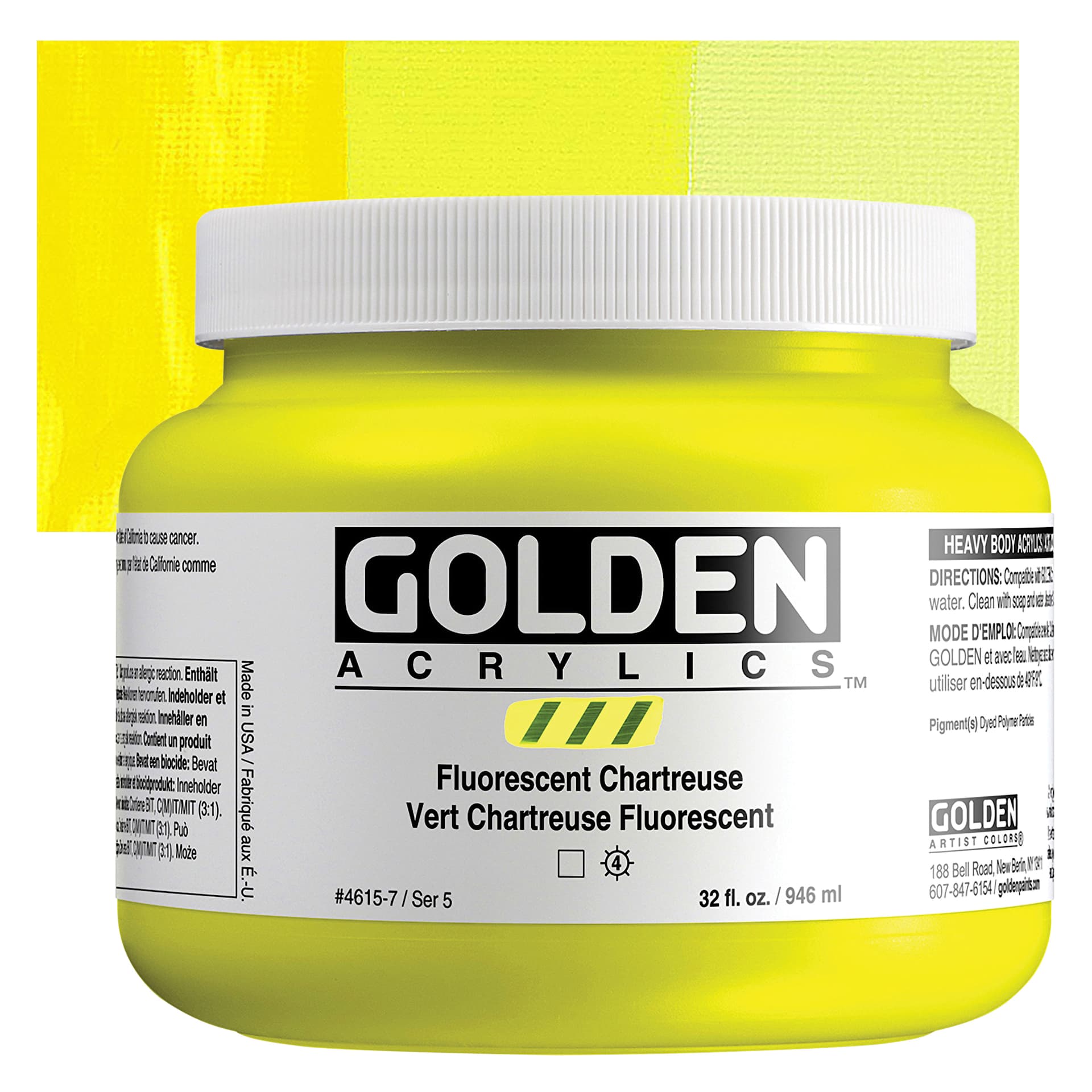 Golden Heavy Body Artist Acrylics - Fluorescent Chartreuse, 32 oz Jar and Swatch