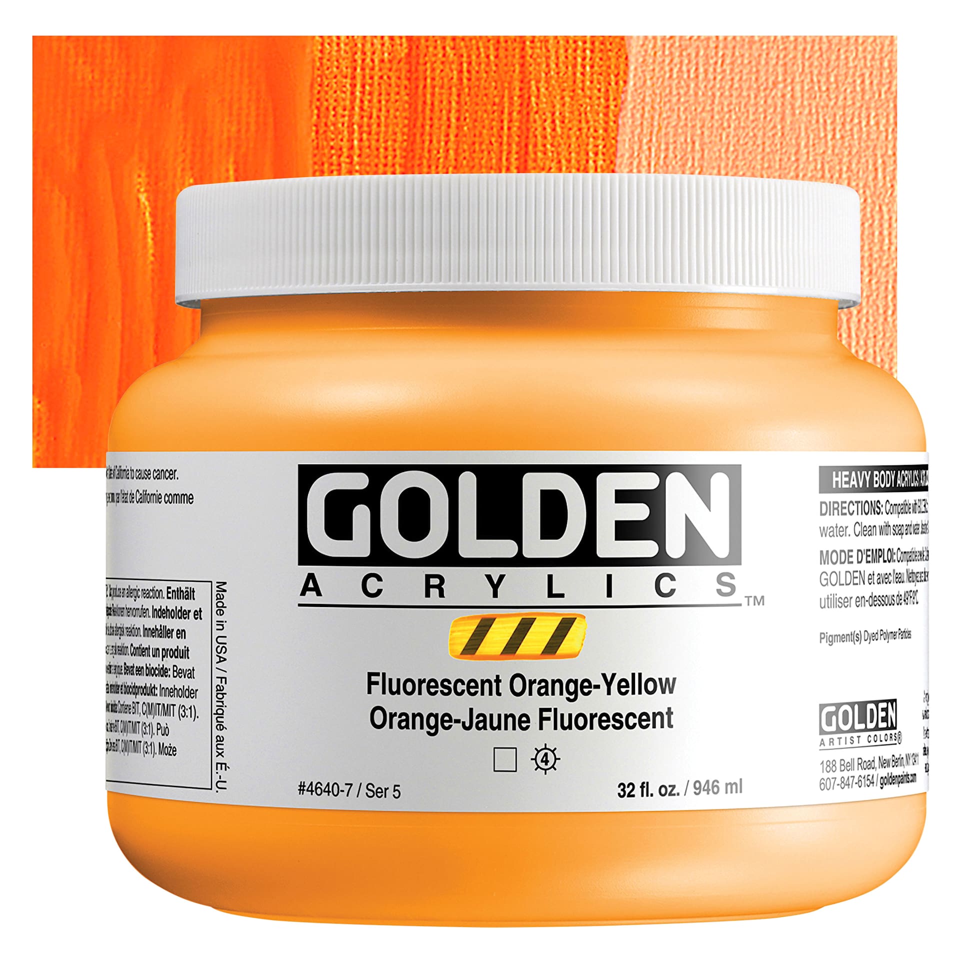  Golden Heavy Body Artist Acrylics - Fluorescent Orange-Yellow, 32 oz Jar and Swatch