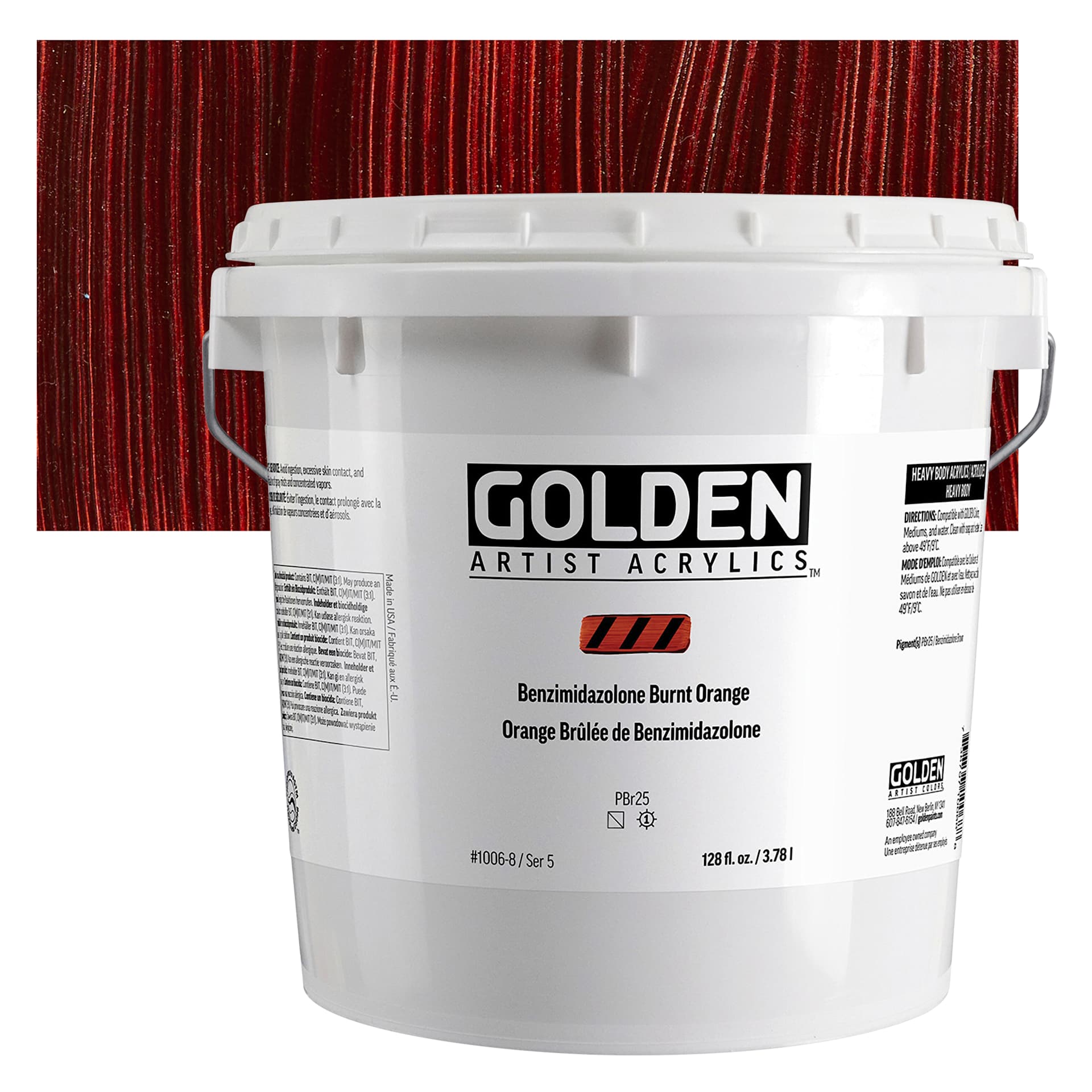 Golden Heavy Body Acrylic Paint - Benzimidazolone Burnt Orange, 3.78 L Jar and swatch