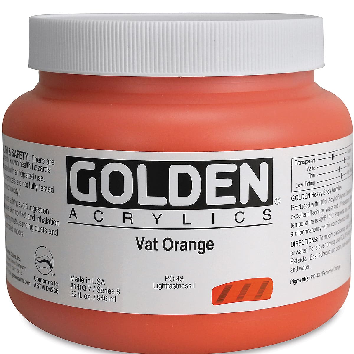 Golden Heavy Body Artist Acrylics - Vat Orange, 32 oz Jar