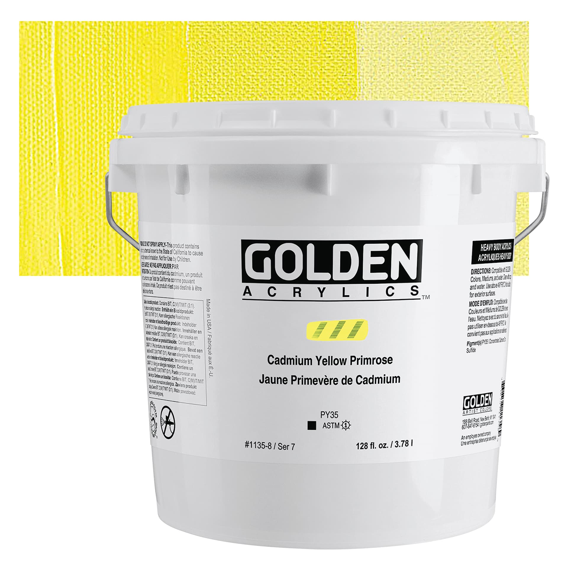 Golden Heavy Body Acrylic Paint - Cadmium Yellow Primrose (CP), 3.78 L bucket and swatch