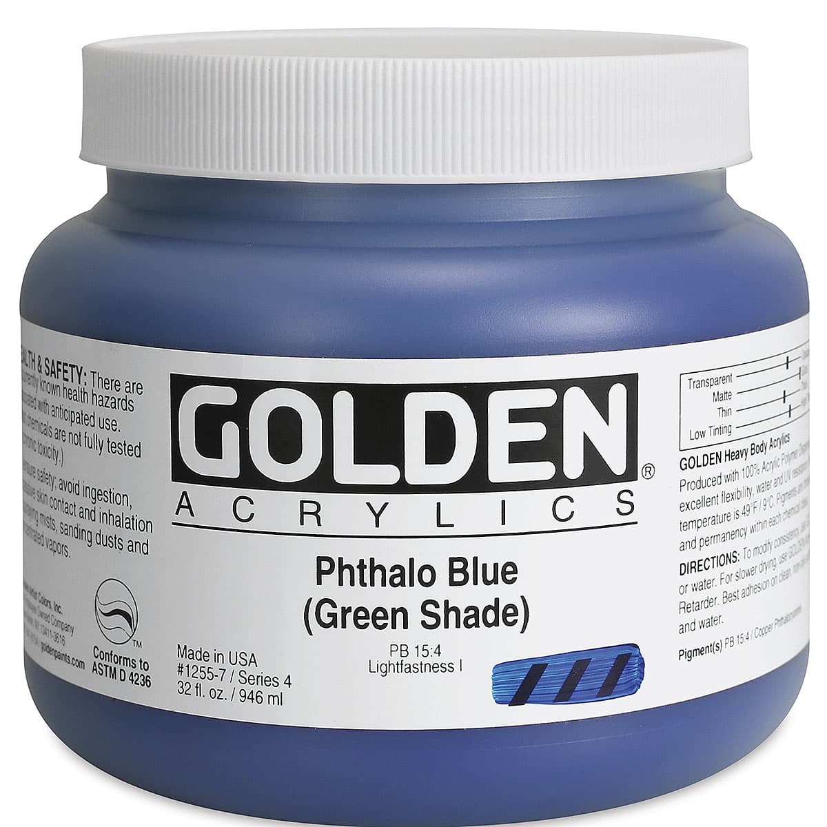 Golden Heavy Body Artist Acrylics - Phthalo Blue (Green Shade), 32 oz Jar