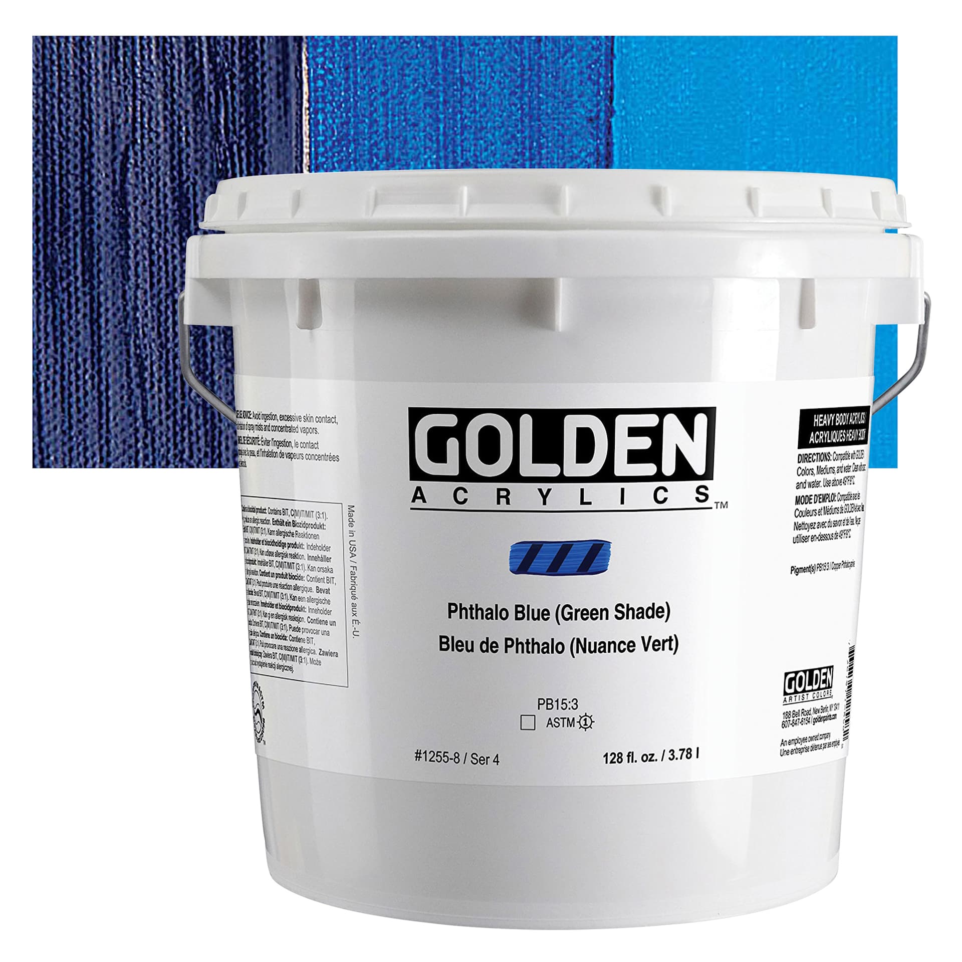 Golden Heavy Body Acrylic Paint - Phthalo Blue (Green Shade), 128 oz Jar and swatch