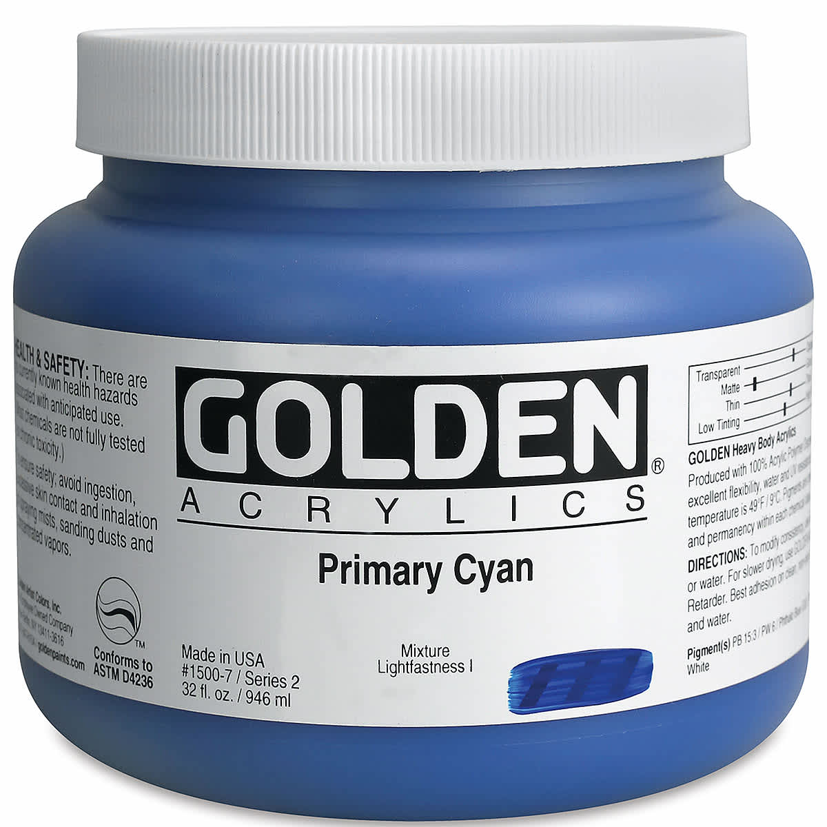 Golden Heavy Body Artist Acrylics - Primary Cyan, 32 oz Jar