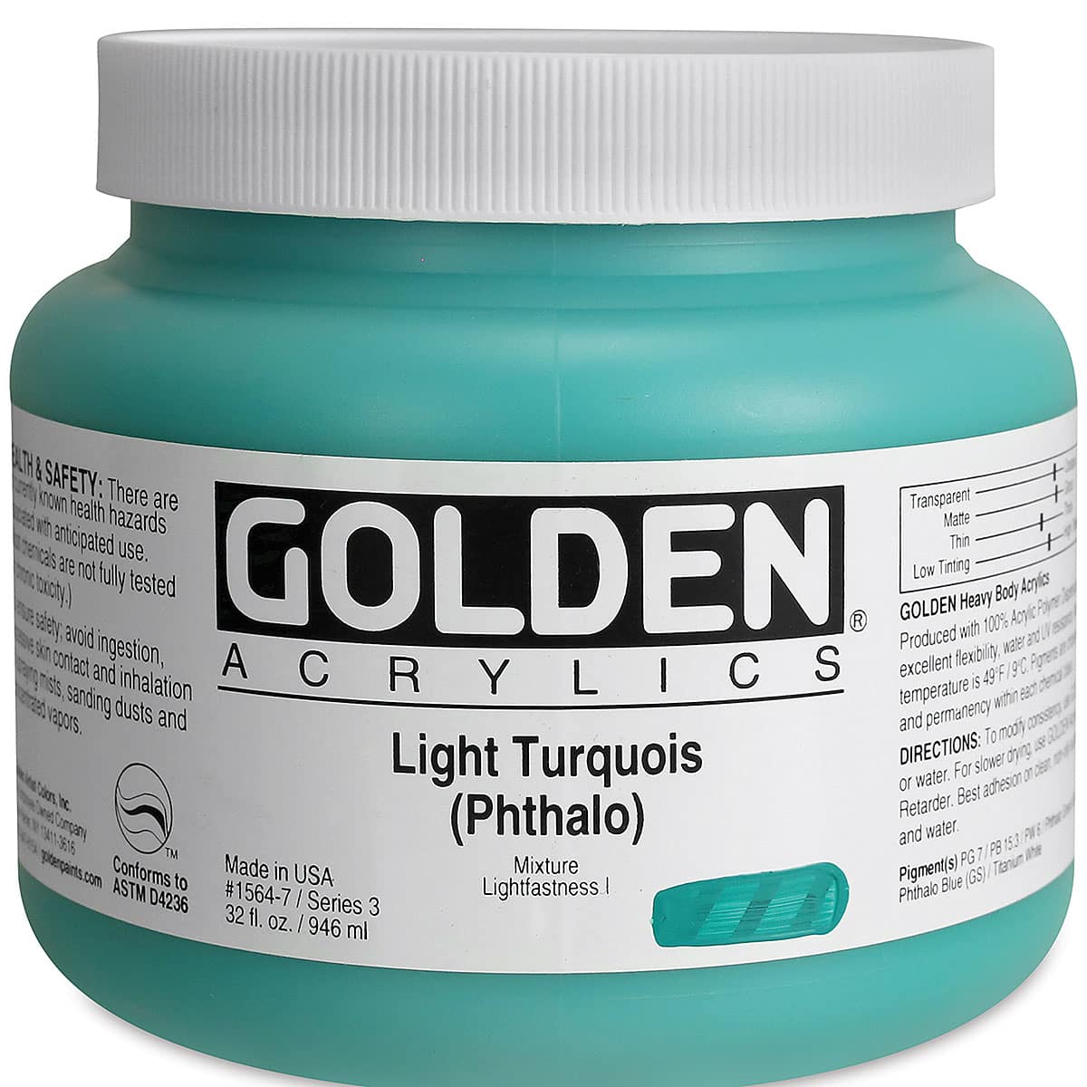 Golden Heavy Body Artist Acrylics - Light Turquoise (Phthalo), 32 oz Jar
