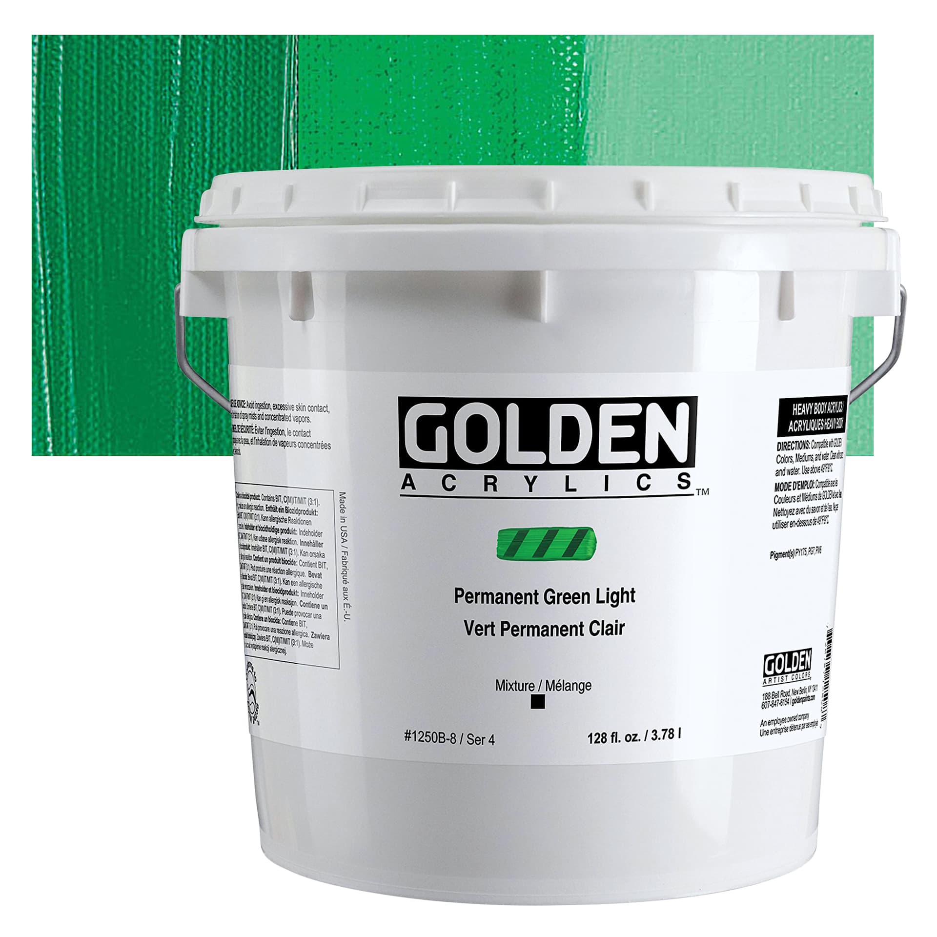 Golden Heavy Body Artist Acrylic - Permanent Green Light, 128 oz Jar and swatch